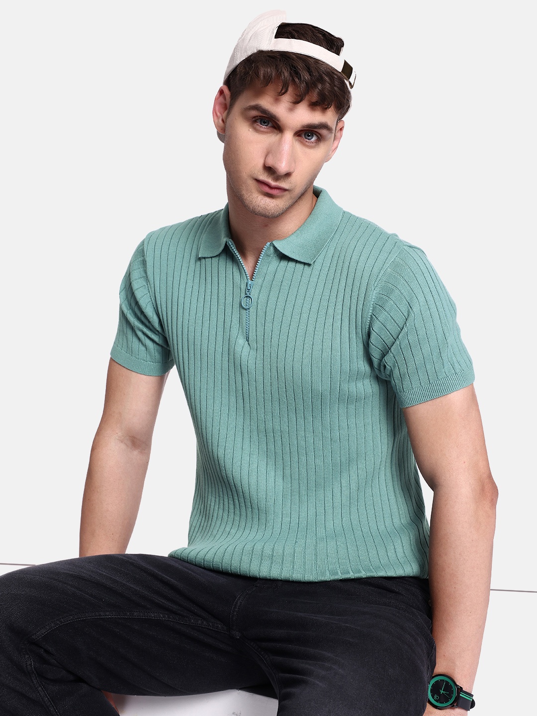 

The Roadster Lifestyle Co. Men Self-Striped Polo Collar Pure Cotton T-shirt, Green