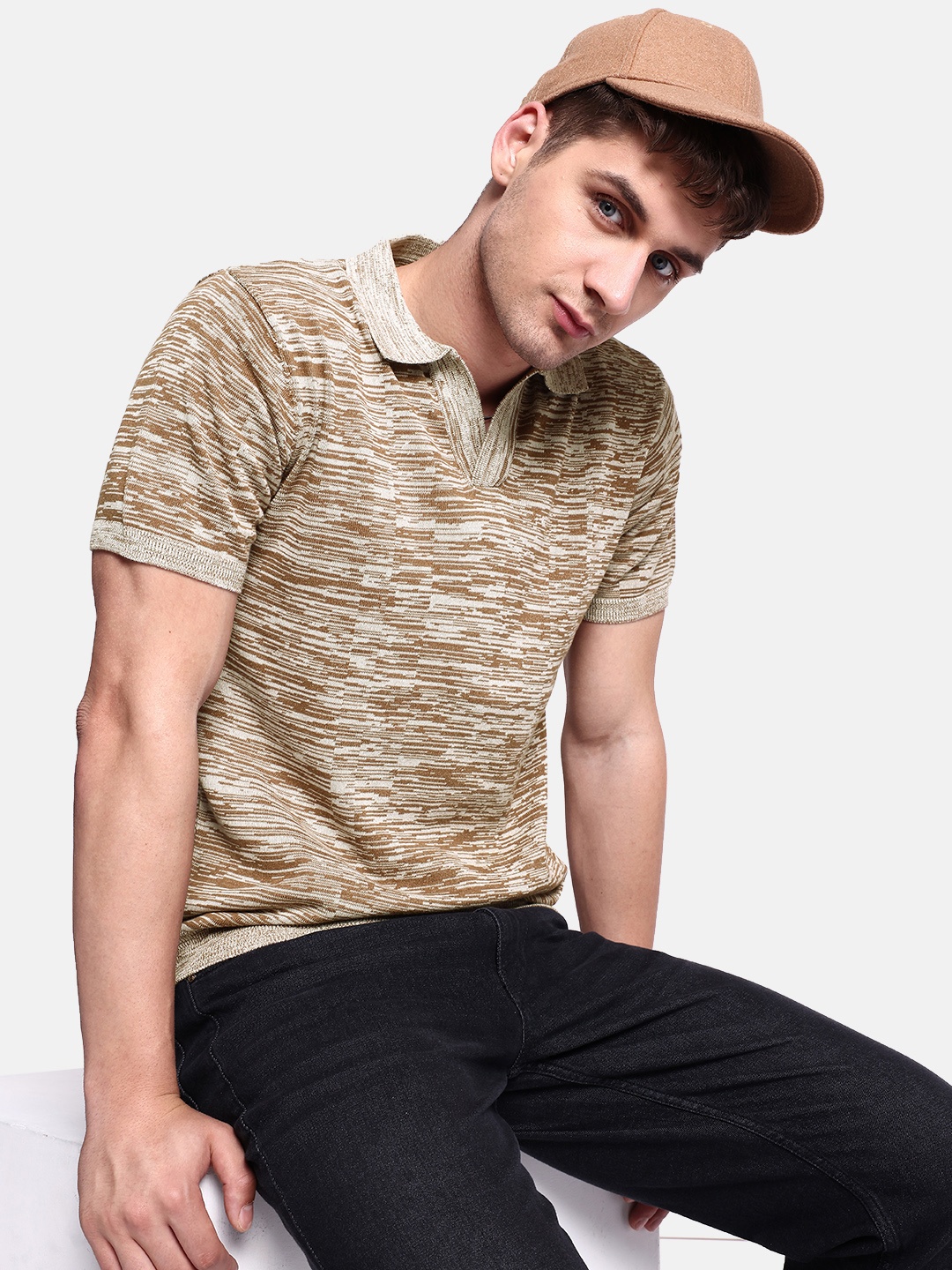 

The Roadster Lifestyle Co. Men Striped Pure Cotton T-shirt, Beige