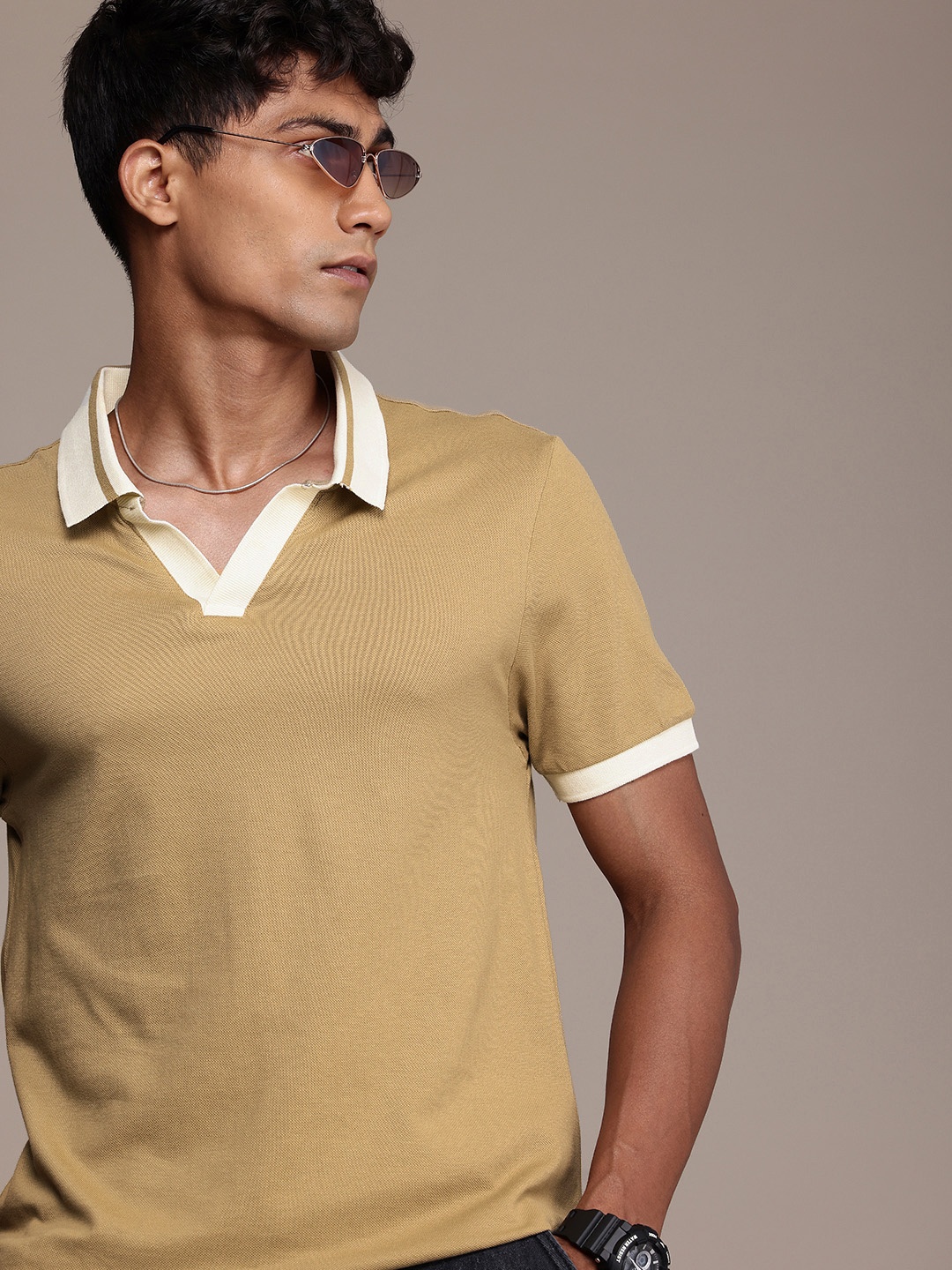 

The Roadster Life Co. Polo Collar Pure Cotton T-shirt, Beige