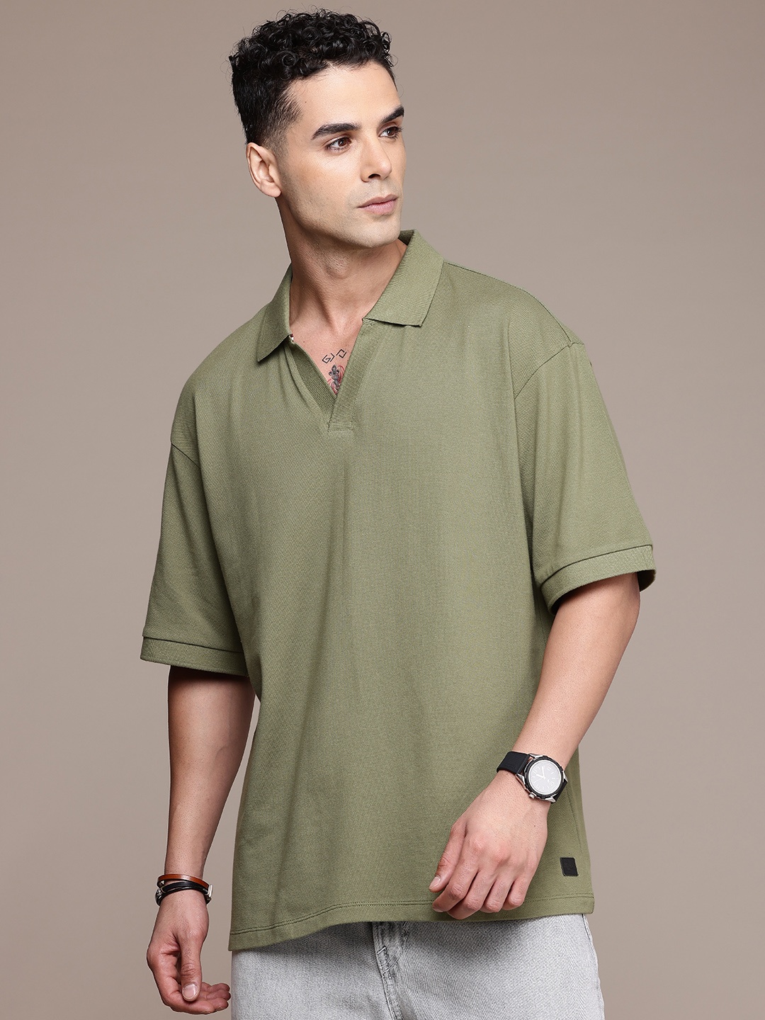 

The Roadster Life Co. Polo Collar Drop-Shoulder Sleeves Relaxed Fit Pure Cotton T-shirt, Olive