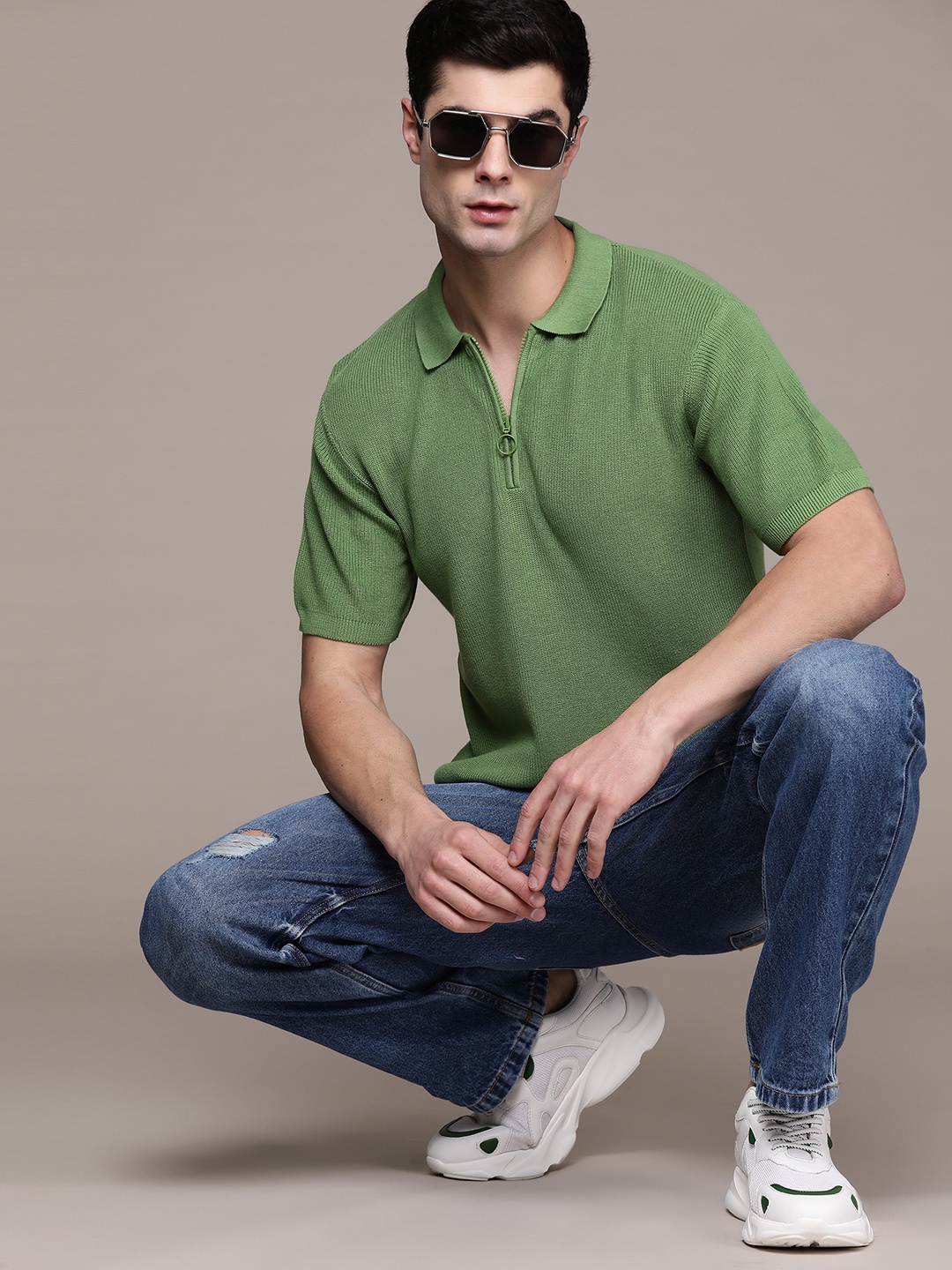

The Roadster Lifestyle Co. Men Pure Cotton Polo Collar T-shirt, Green