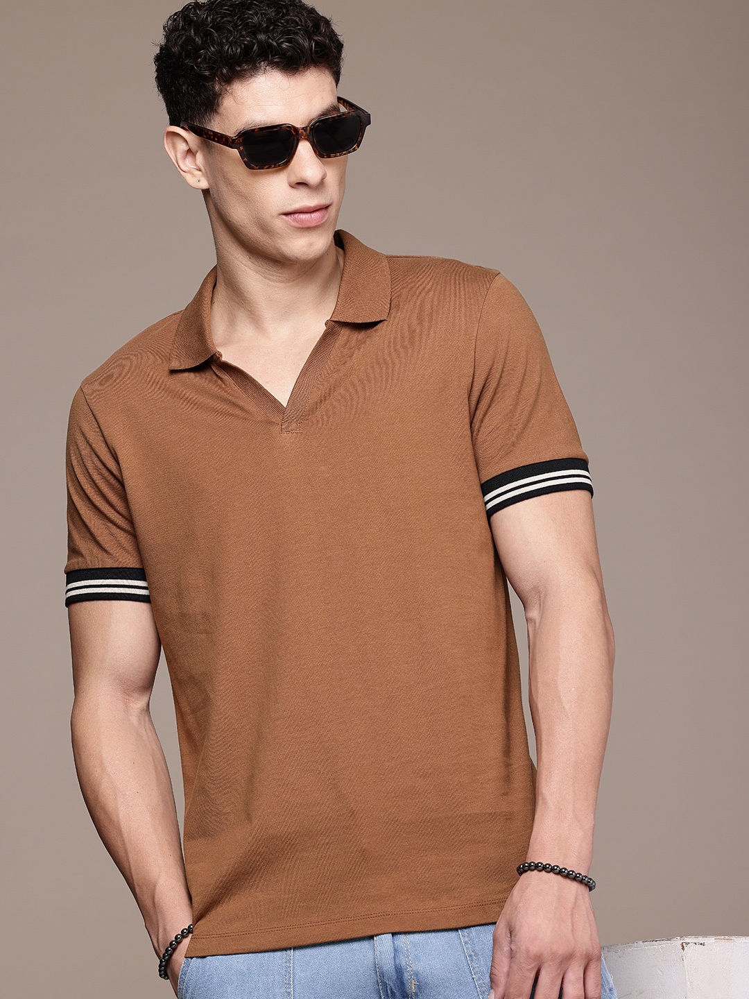 

The Roadster Life Co. Men Polo Collar Pure Cotton T-shirt, Brown