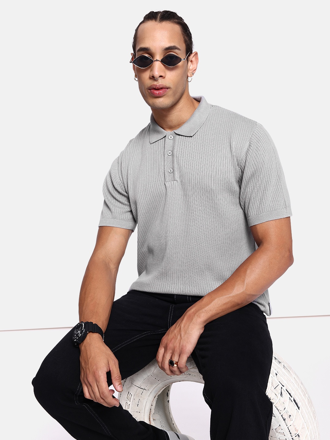 

The Roadster Life Co. Self Design Polo Collar Pure Cotton T-shirt, Grey