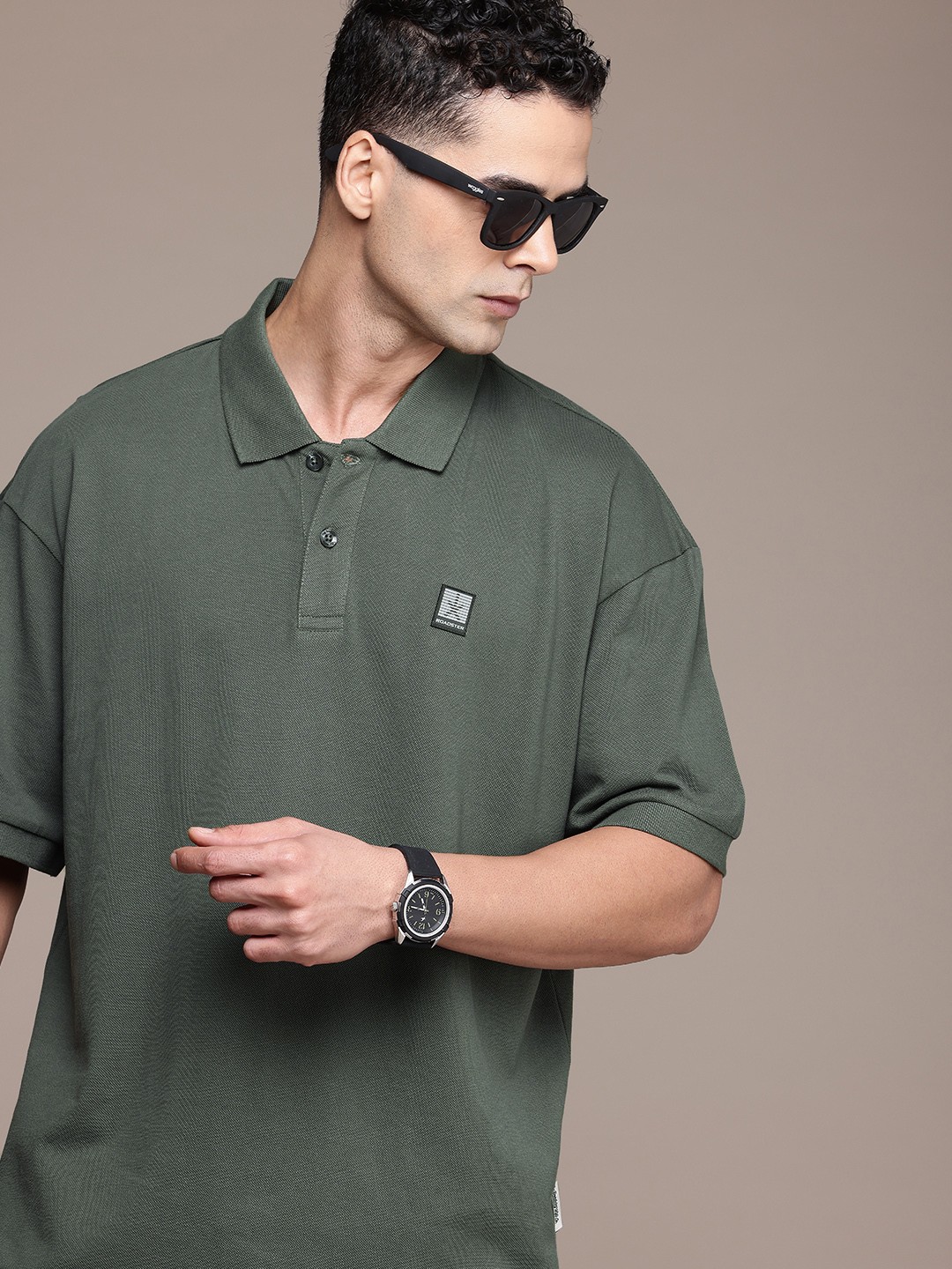 

The Roadster Life Co. Polo Collar Drop-Shoulder Sleeves Pure Cotton T-shirt, Olive