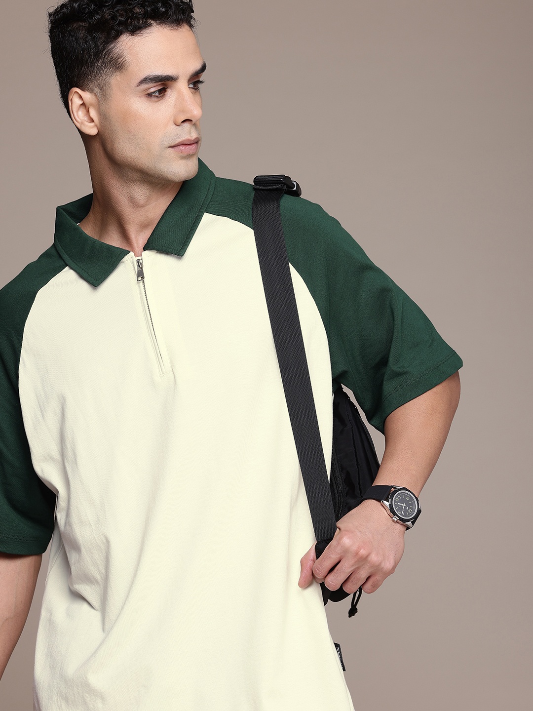 

The Roadster Life Co. Polo Collar Raglan Sleeves Pure Cotton T-shirt, Off white