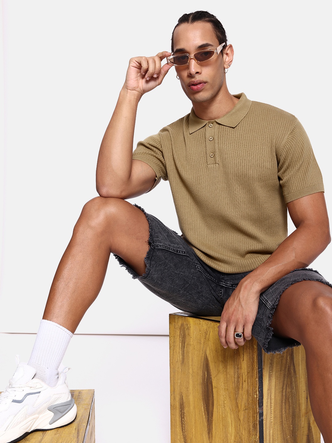 

The Roadster Life Co. Self Design Polo Collar Pure Cotton T-shirt, Khaki