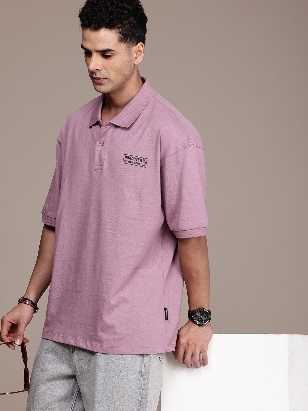 

The Roadster Life Co. Pure Cotton Oversized Polo Collar Drop-Shoulder Sleeves T-shirt, Mauve