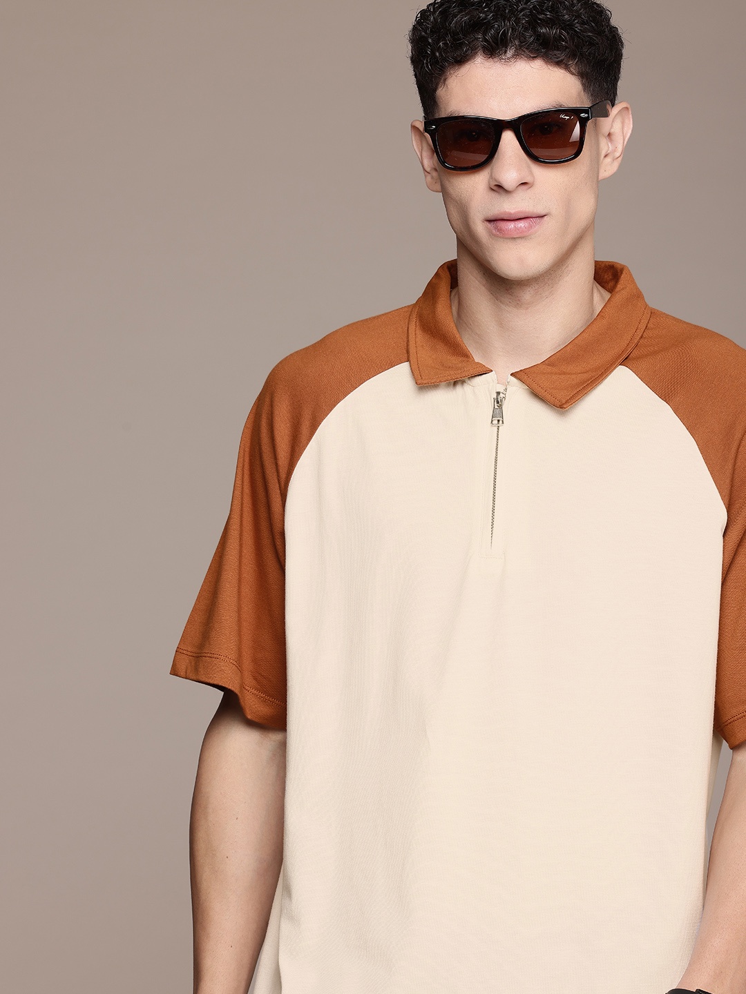

The Roadster Life Co. Colourblocked Polo Collar Pure Cotton T-shirt, Cream