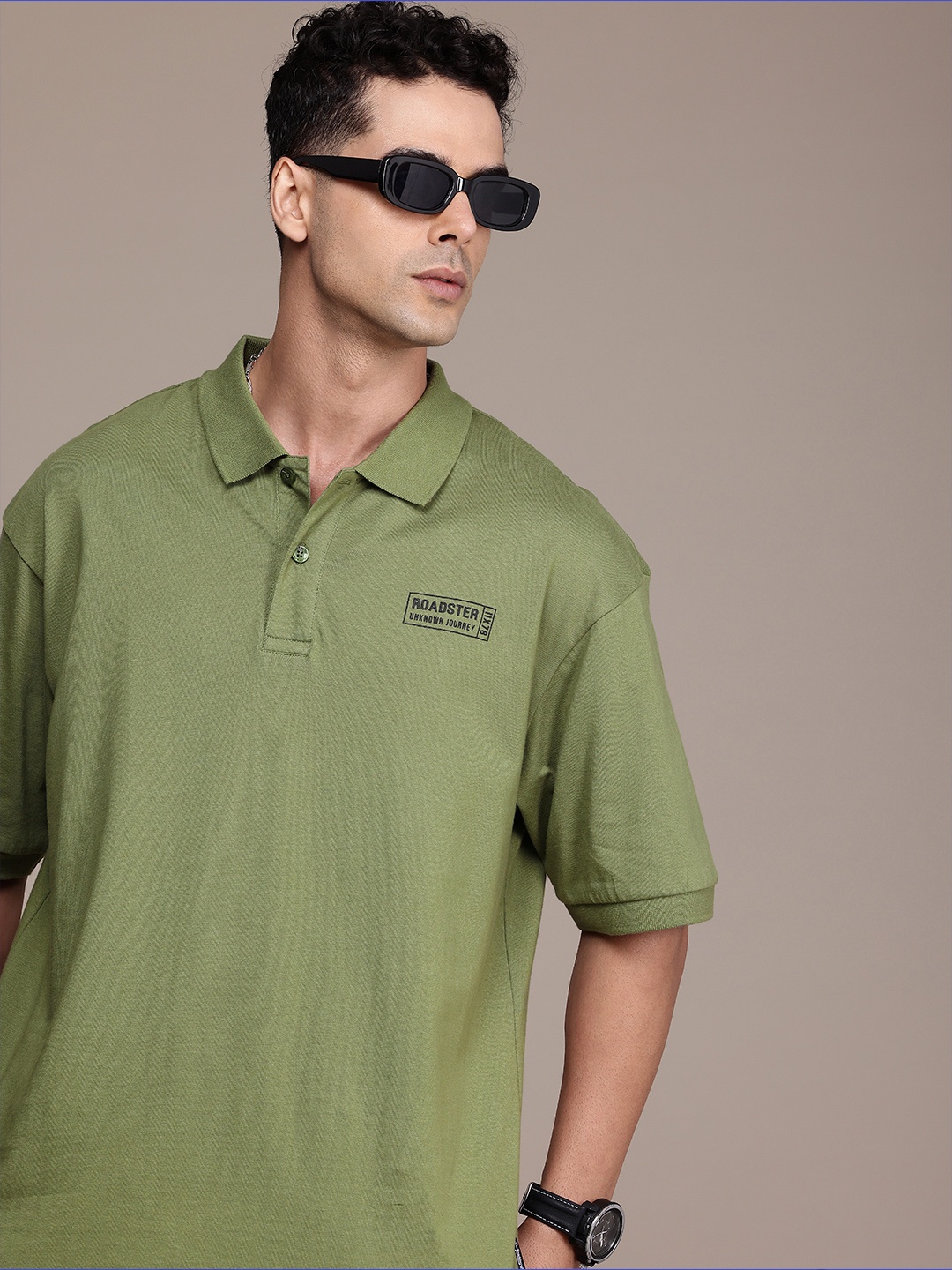 

The Roadster Life Co. Polo Collar Relaxed Fit Drop-Shoulder Sleeves Pure Cotton T-shirt, Olive