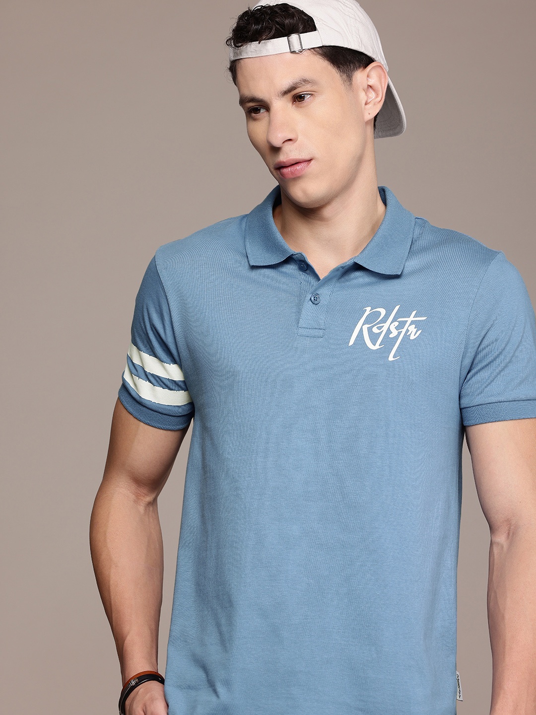 

The Roadster Life Co. Minimal Typography Printed Polo Collar Pure Cotton T-shirt, Blue
