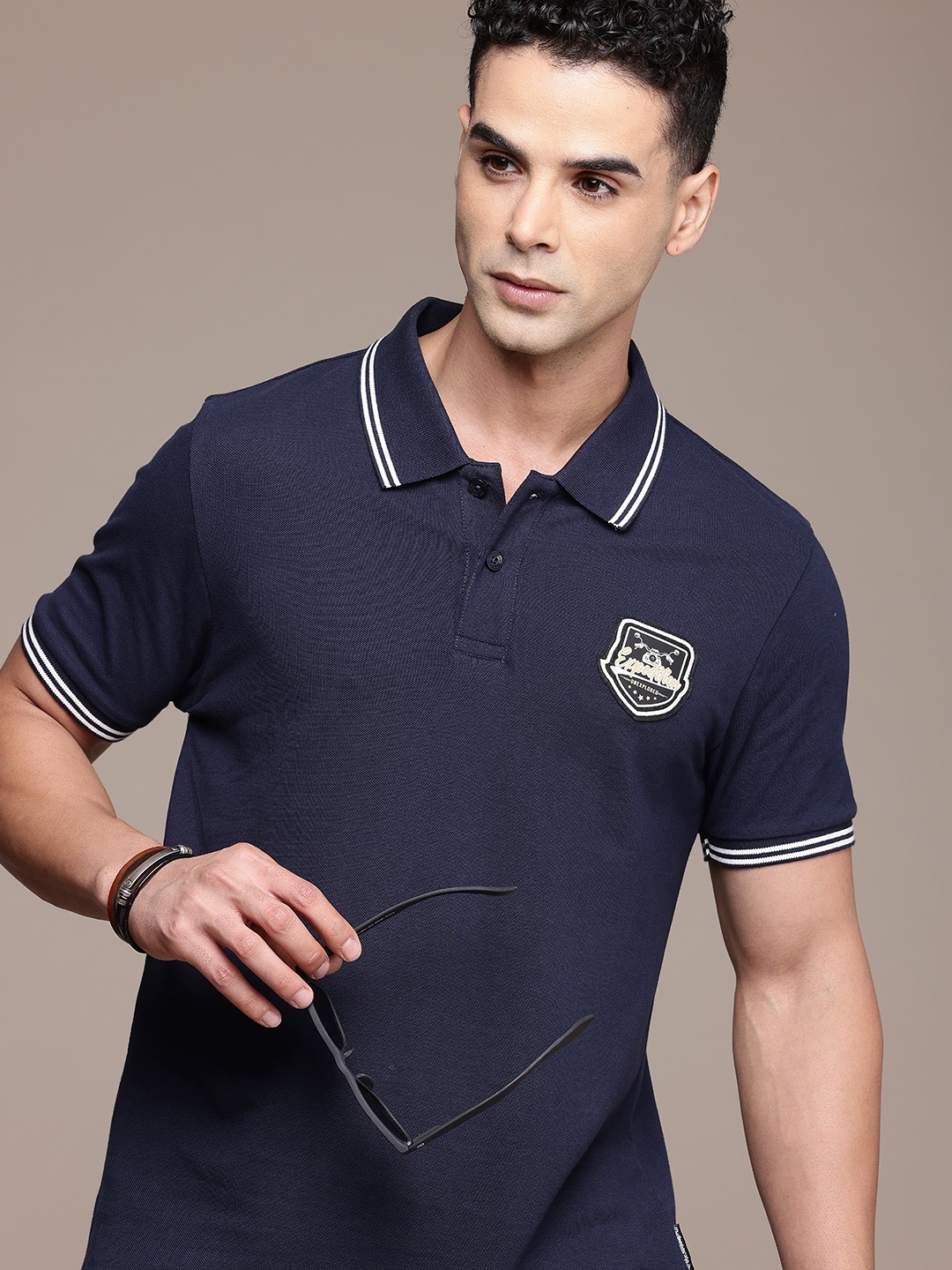 

The Roadster Life Co. Polo Collar Pure Cotton With Applique Detail T-shirt, Navy blue