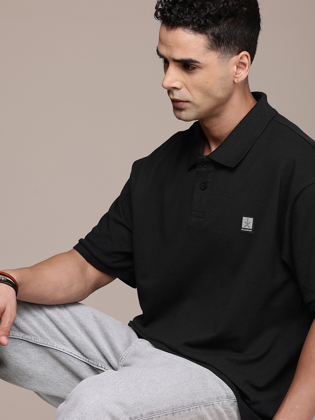 

The Roadster Life Co. Polo Collar Drop-Shoulder Sleeves Pure Cotton T-shirt, Black