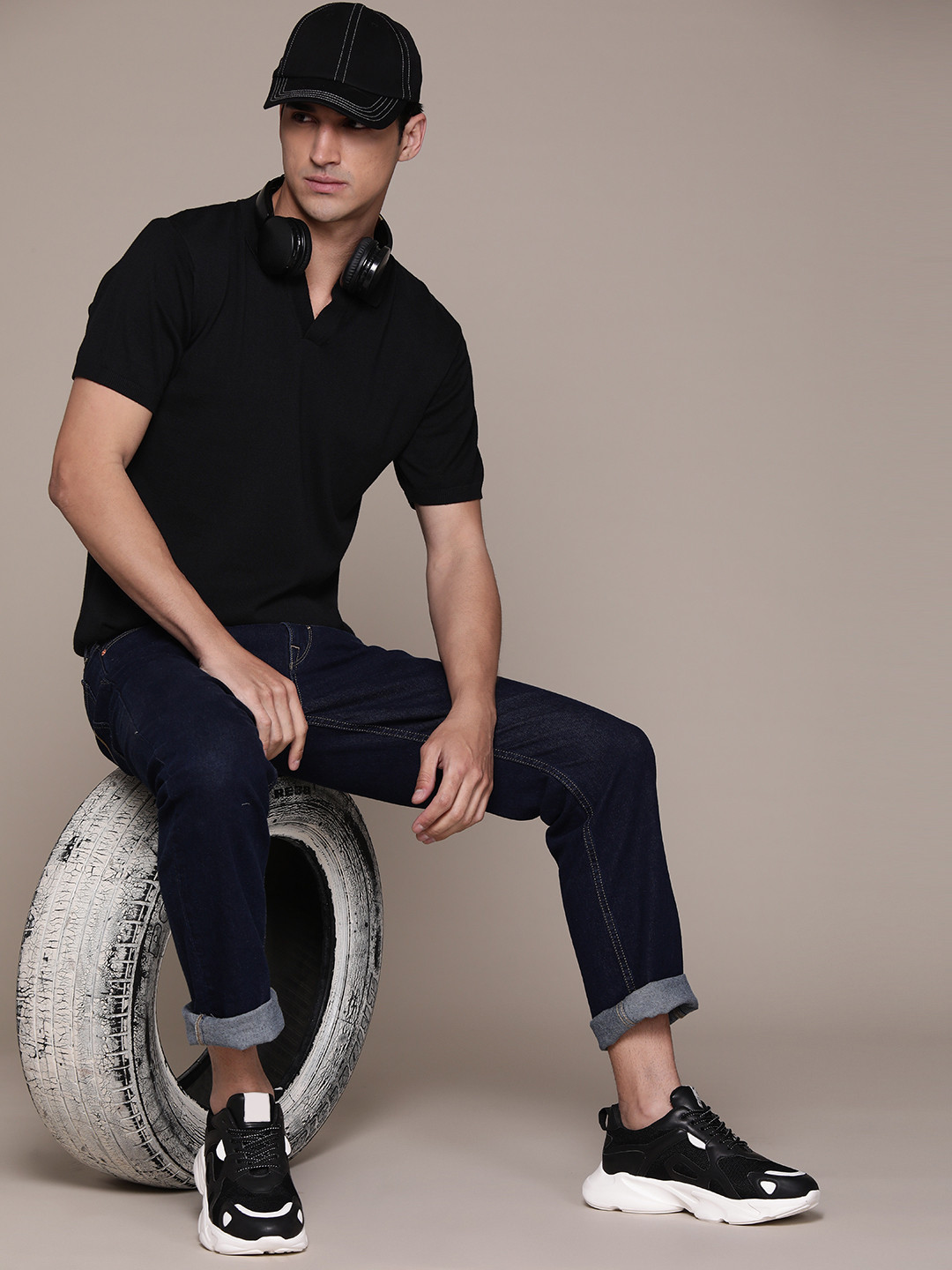 

The Roadster Lifestyle Co. Men Polo Collar Pure Cotton T-shirt, Black