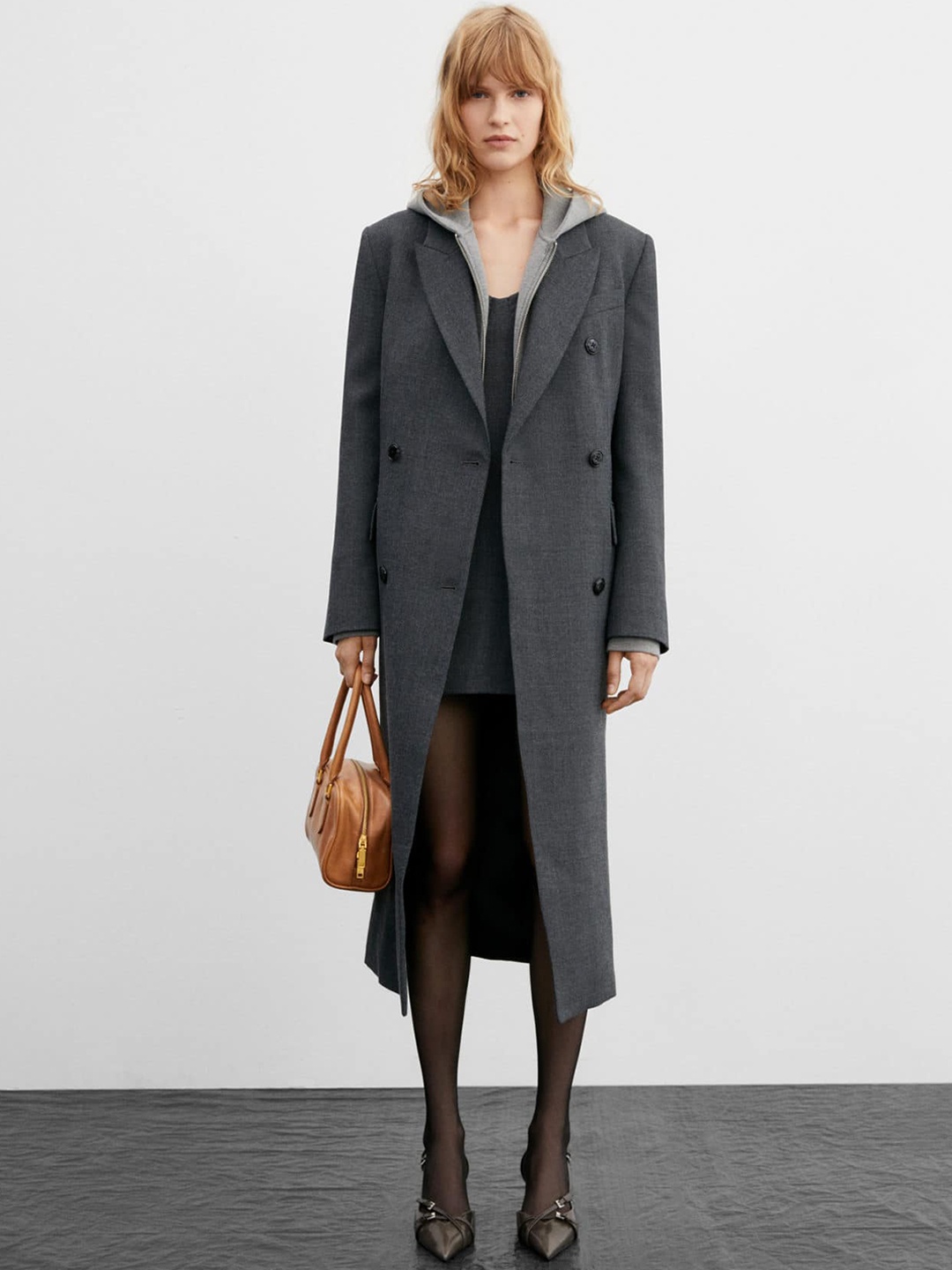 

MANGO Double-Breasted Wool Longline Overcoat, Charcoal