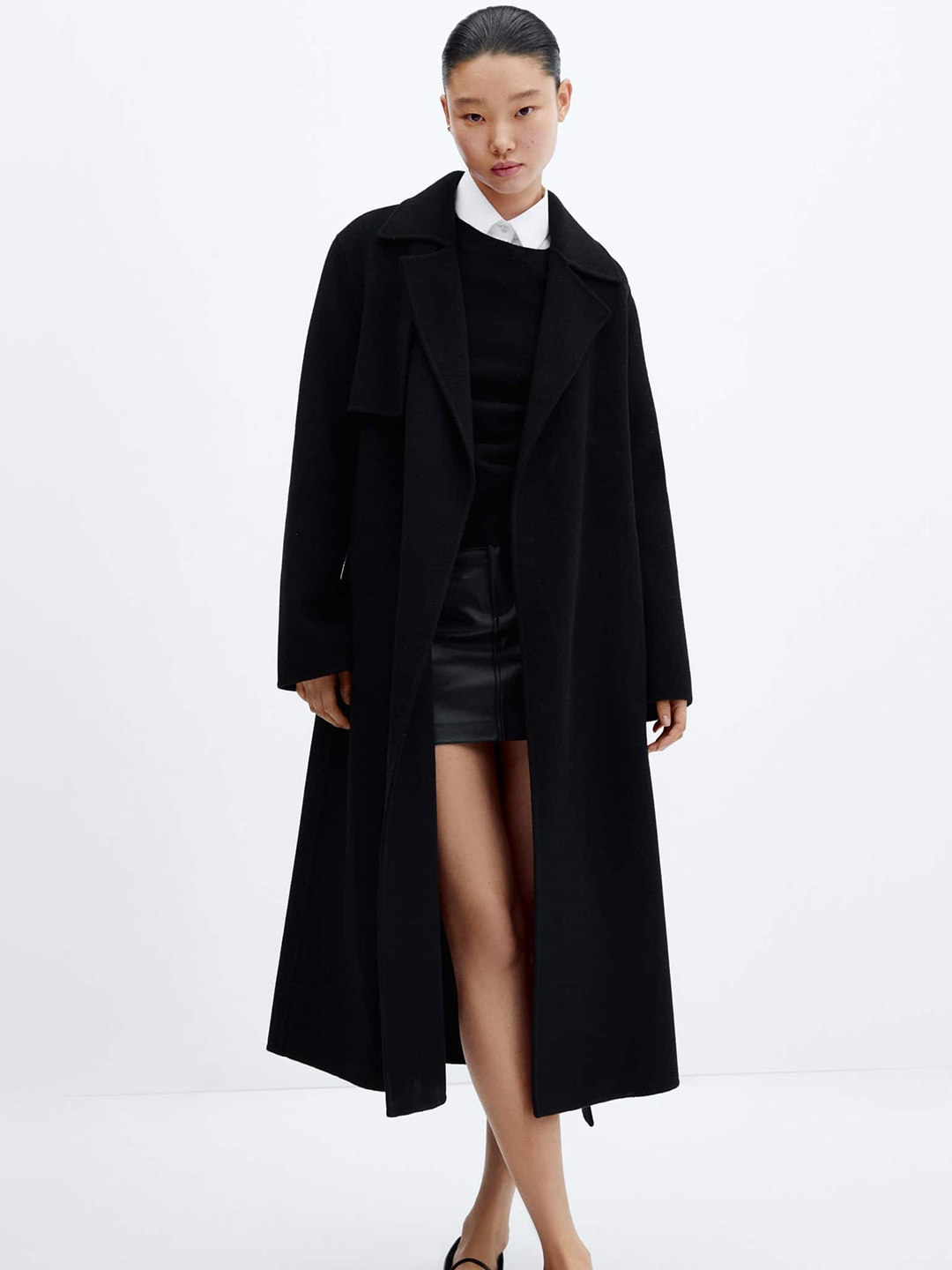 

MANGO Notched Lapel Longline Overcoat, Black