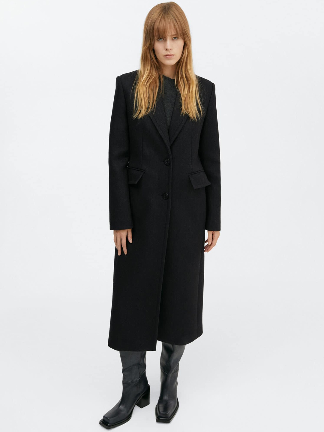 

MANGO Notched Lapel Collar Longline Overcoat, Black