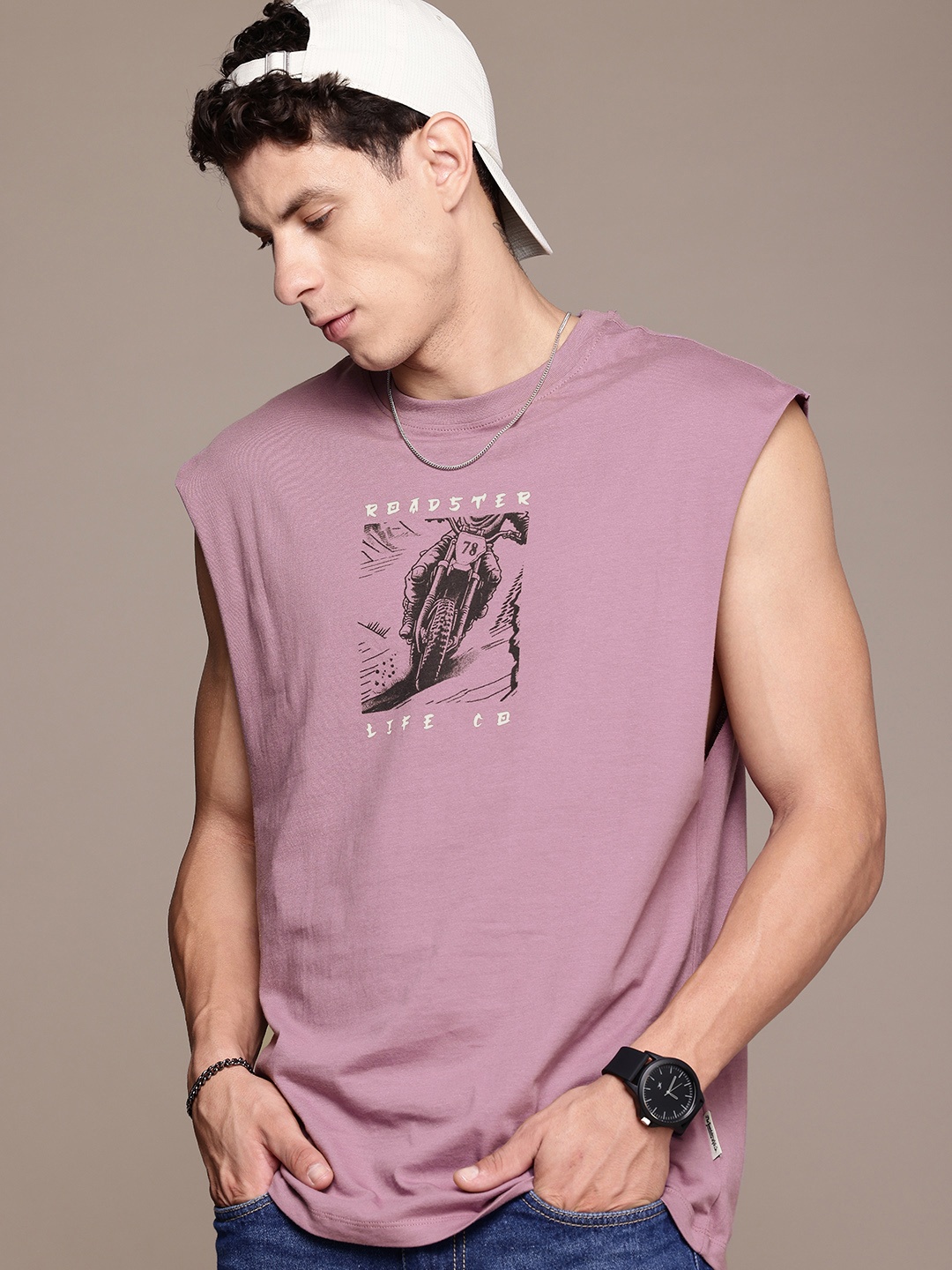 

The Roadster Life Co. Pure Cotton Brand Logo Printed Relaxed Fit T-shirt, Mauve