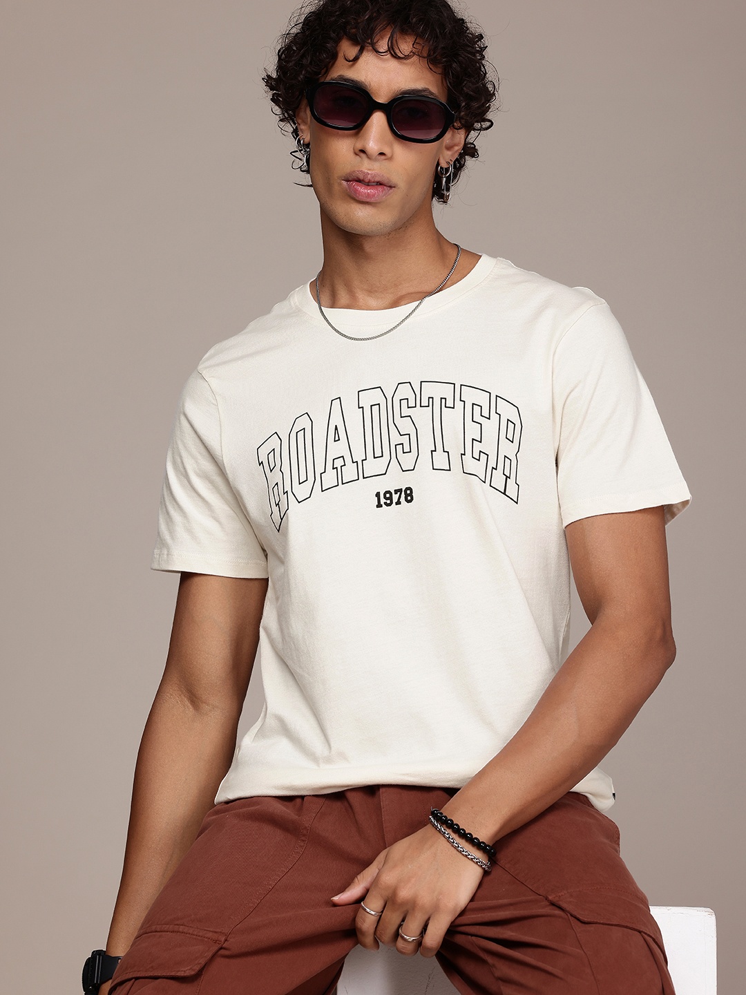 

The Roadster Life Co. Brand Logo Printed Pure Cotton T-shirt, Cream