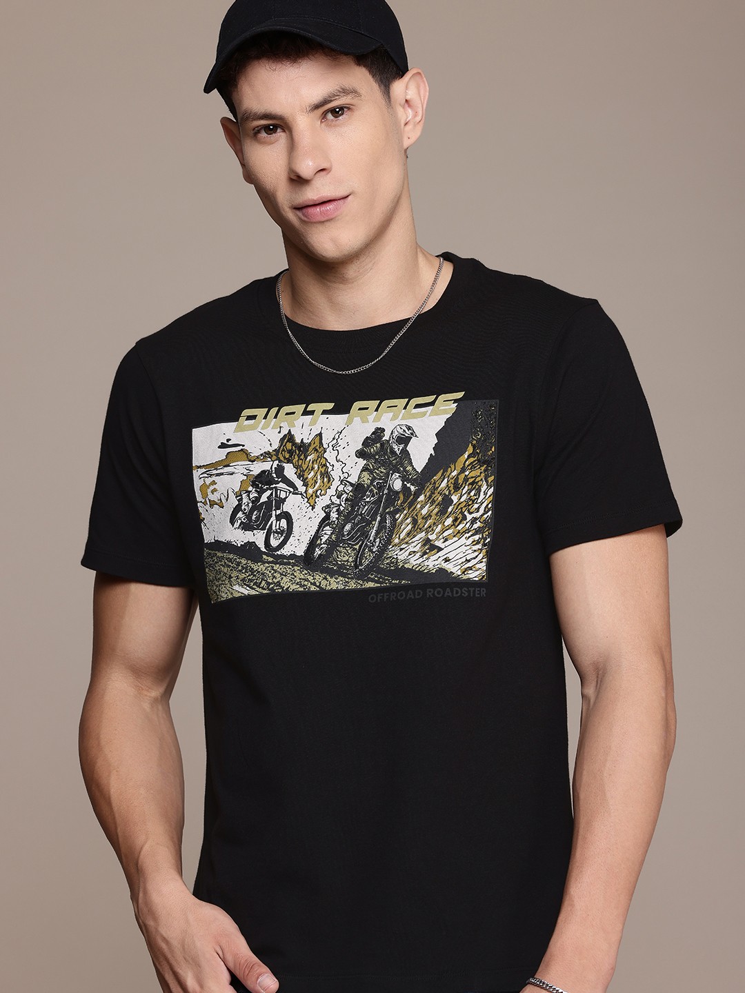 

The Roadster Life Co. Biker Printed Pure Cotton T-shirt, Black