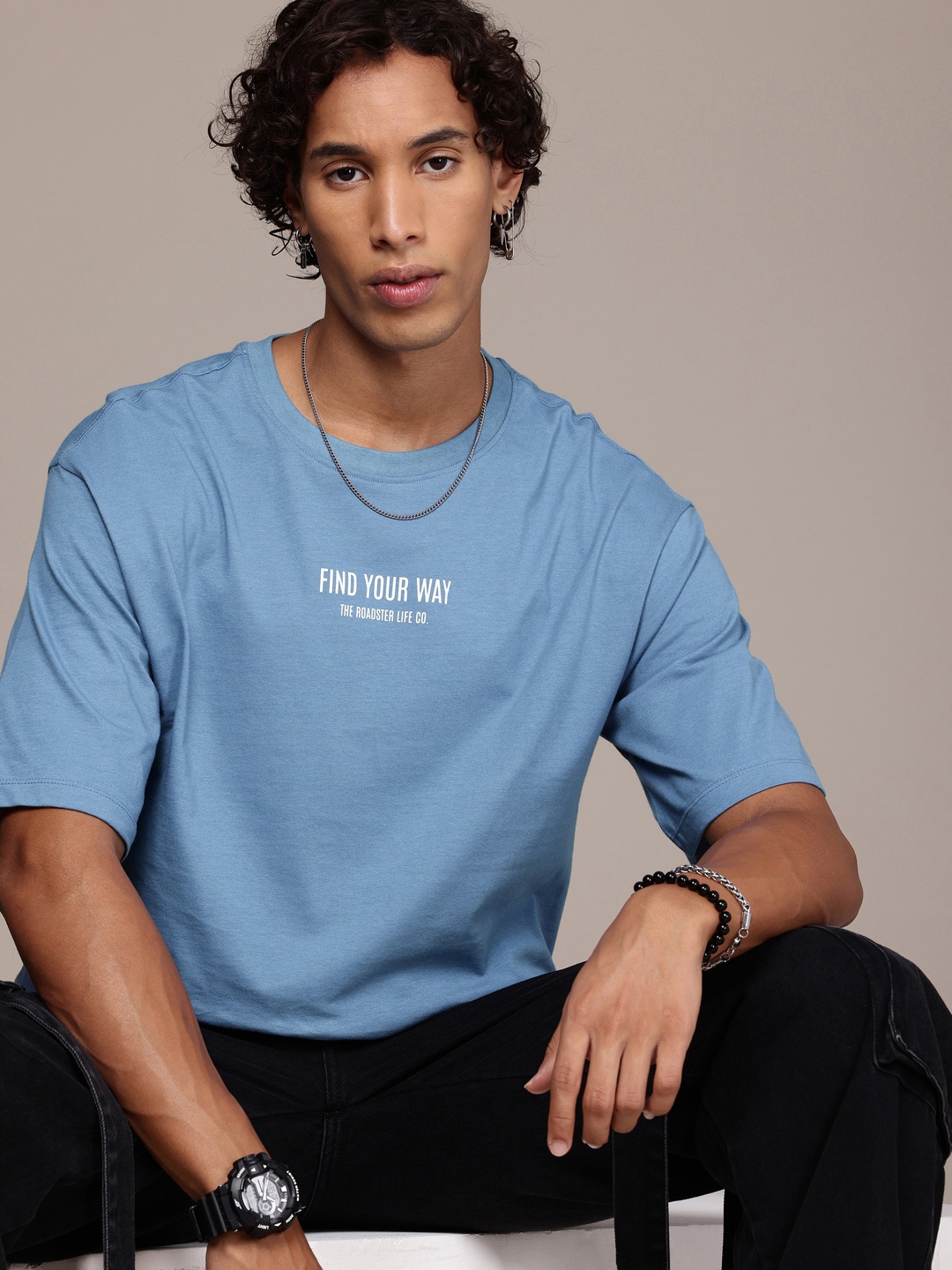 

The Roadster Life Co. Printed Drop-Shoulder Sleeves Relaxed Fit Pure Cotton T-shirt, Blue