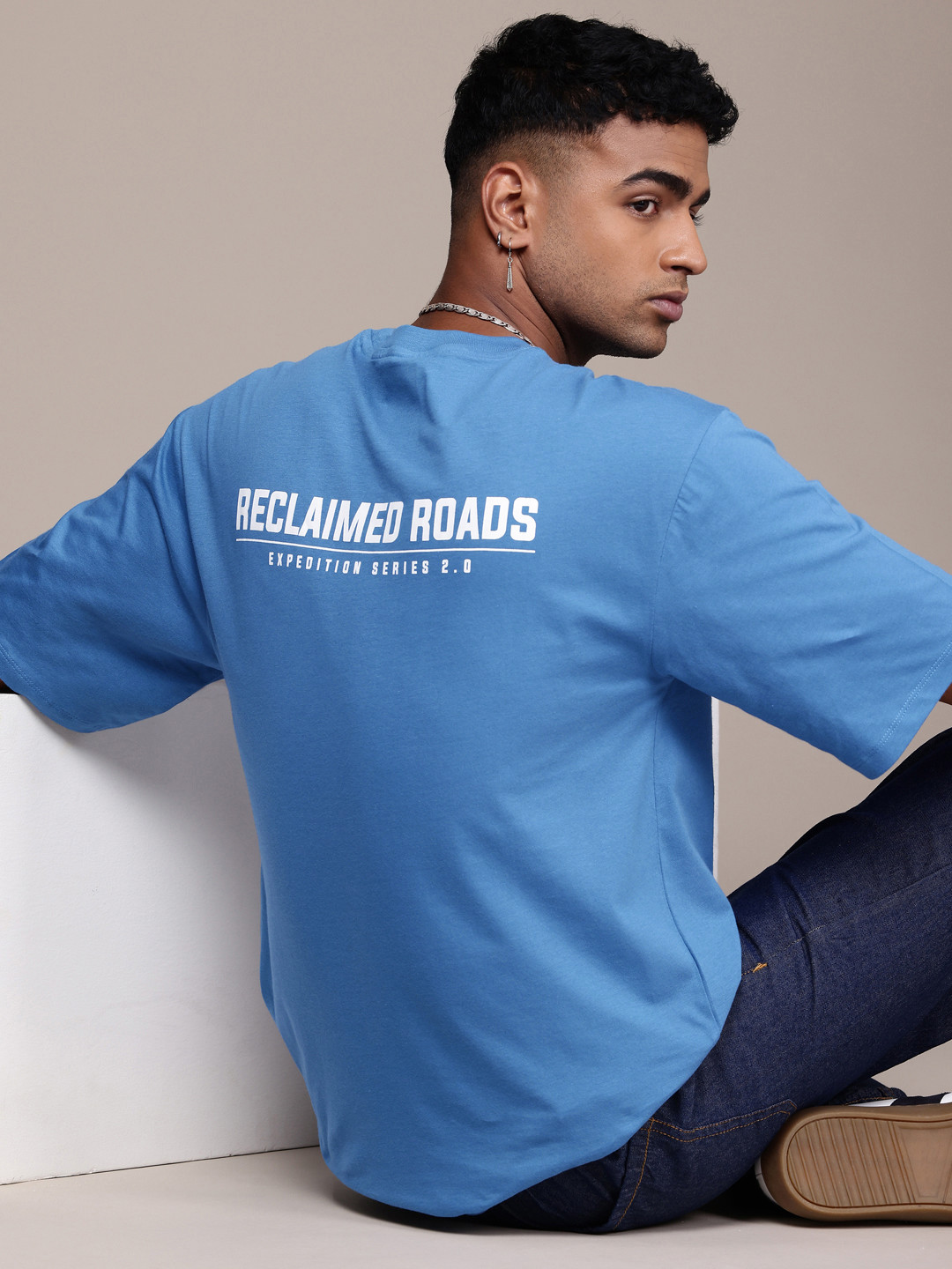 

The Roadster Life Co. Printed Drop-Shoulder Sleeves Relaxed Fit Pure Cotton T-shirt, Blue