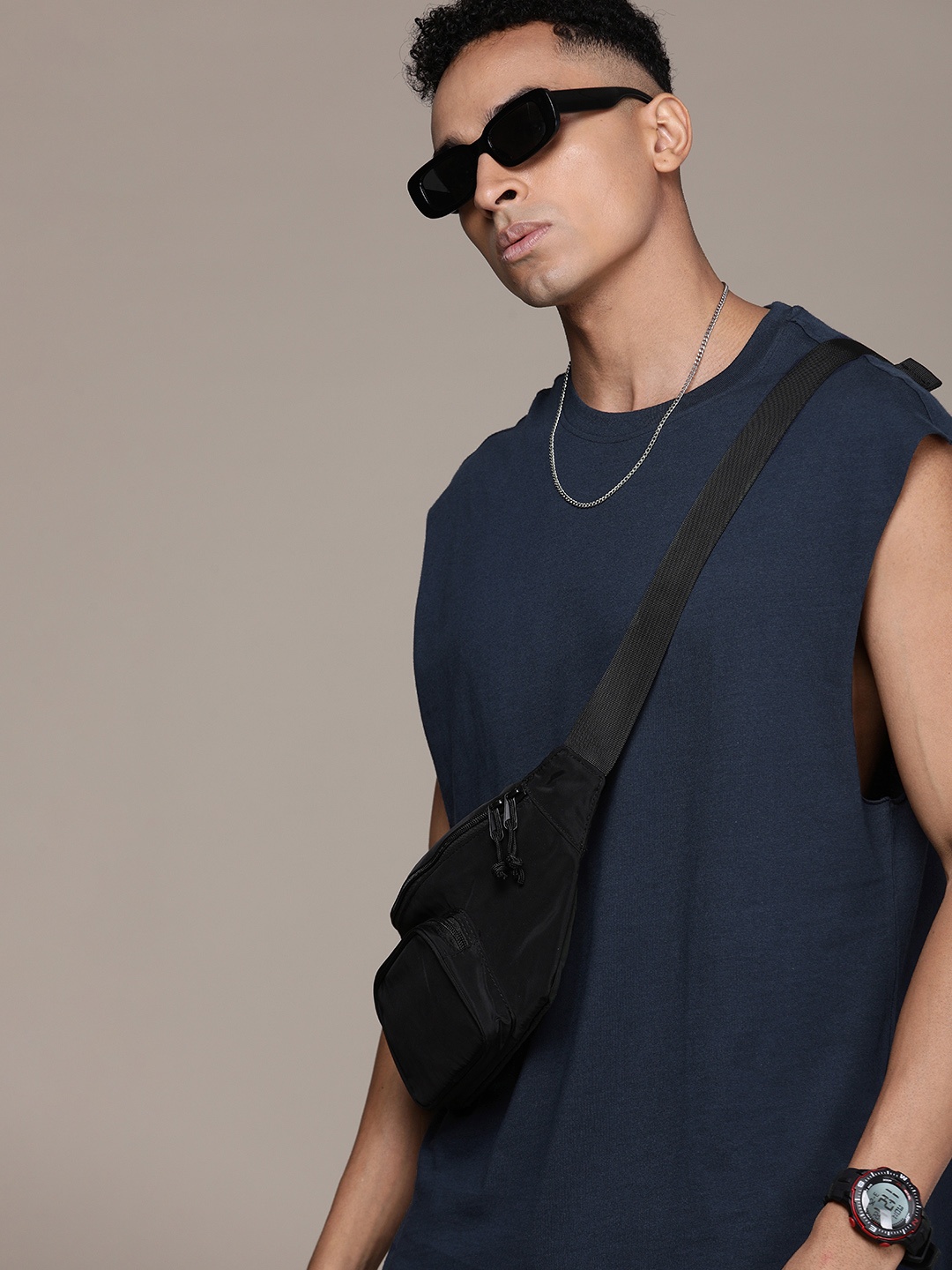 

The Roadster Life Co. Pure Cotton Relaxed Fit Sleeveless T-shirt, Navy blue