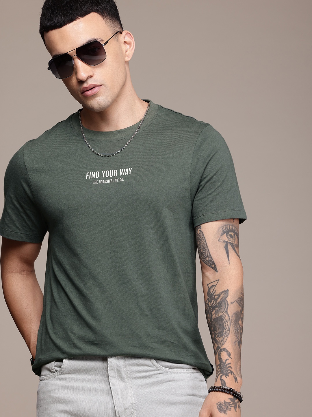 

The Roadster Life Co. Typography Printed Pure Cotton T-shirt, Green