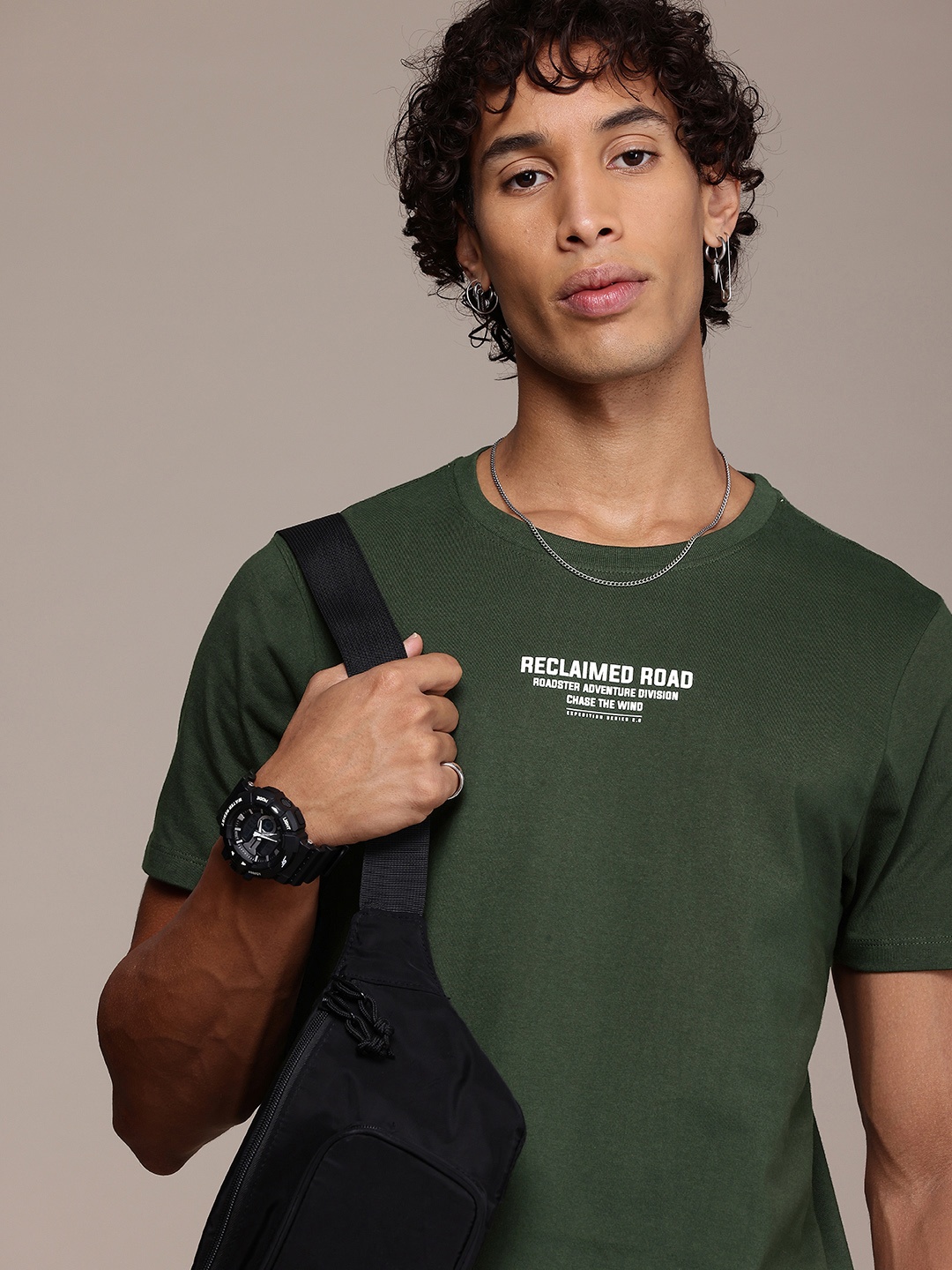 

The Roadster Life Co. Typography Printed Pure Cotton T-shirt, Olive