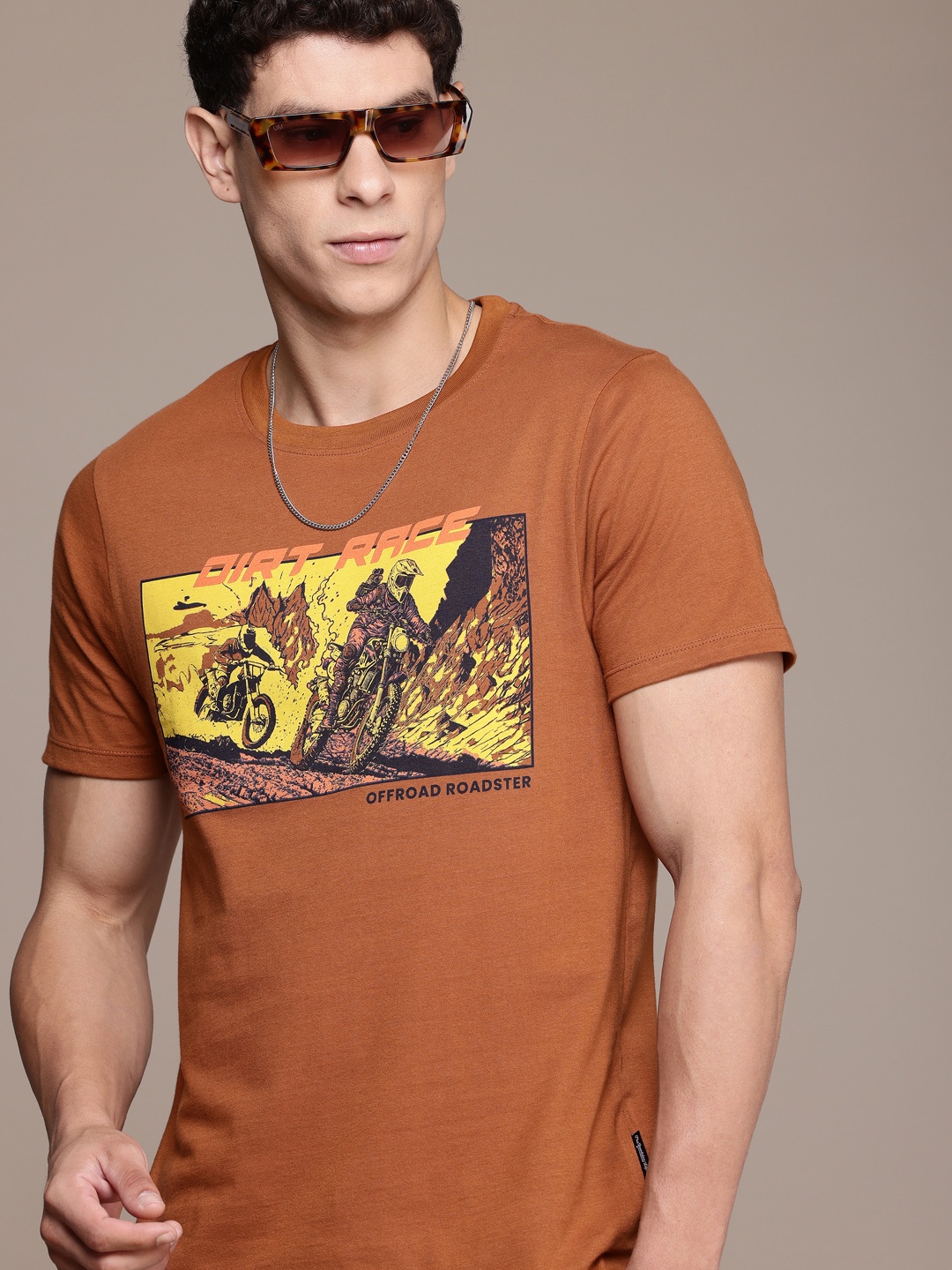 

The Roadster Life Co. Biker Printed Pure Cotton T-shirt, Brown