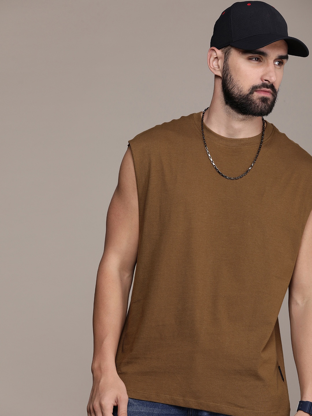 

The Roadster Life Co. Pure Cotton Relaxed Fit Sleeveless T-shirt, Coffee brown