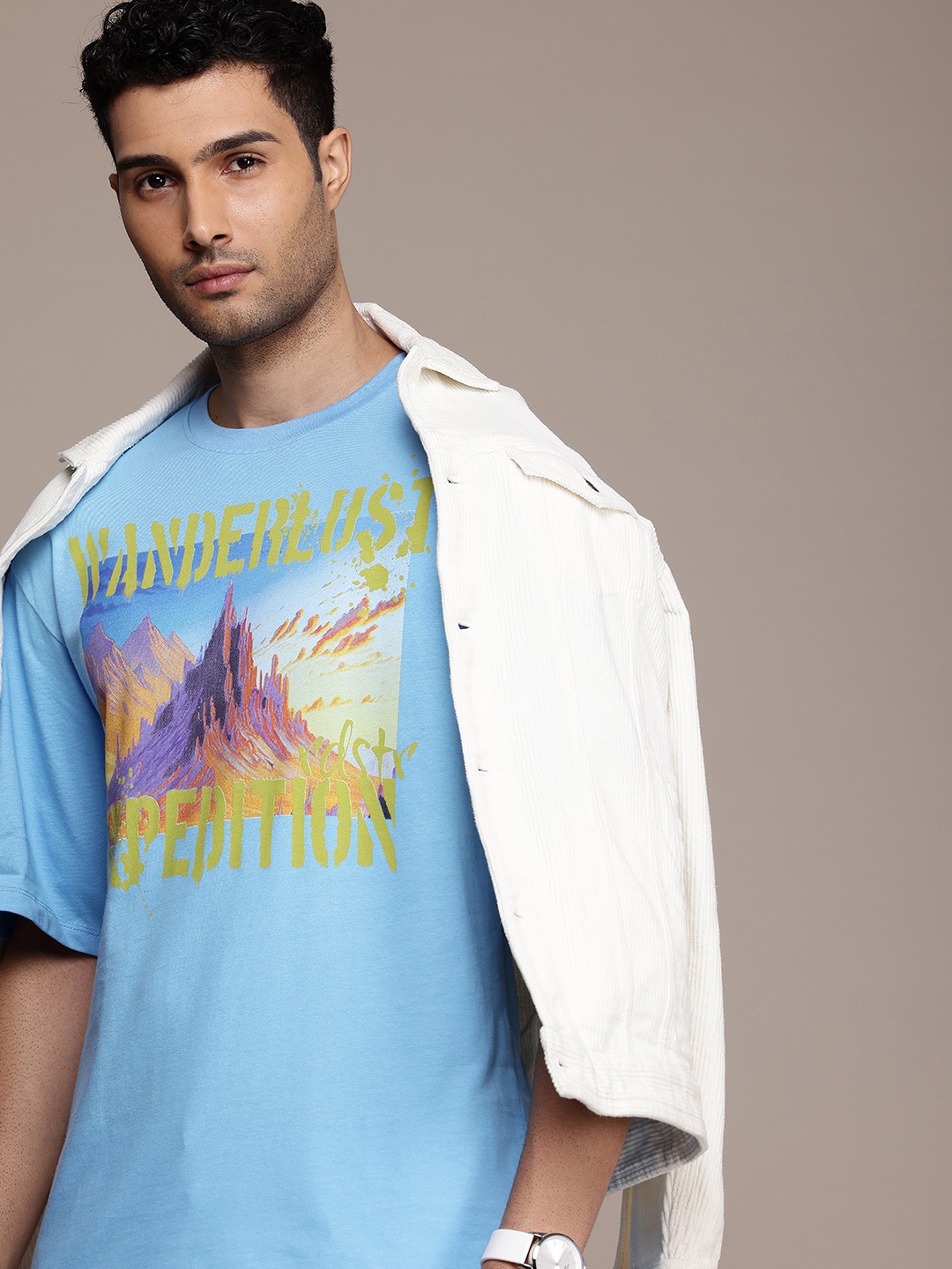

The Roadster Life Co. Printed Drop-Shoulder Sleeves Pure Cotton Relaxed Fit T-shirt, Blue
