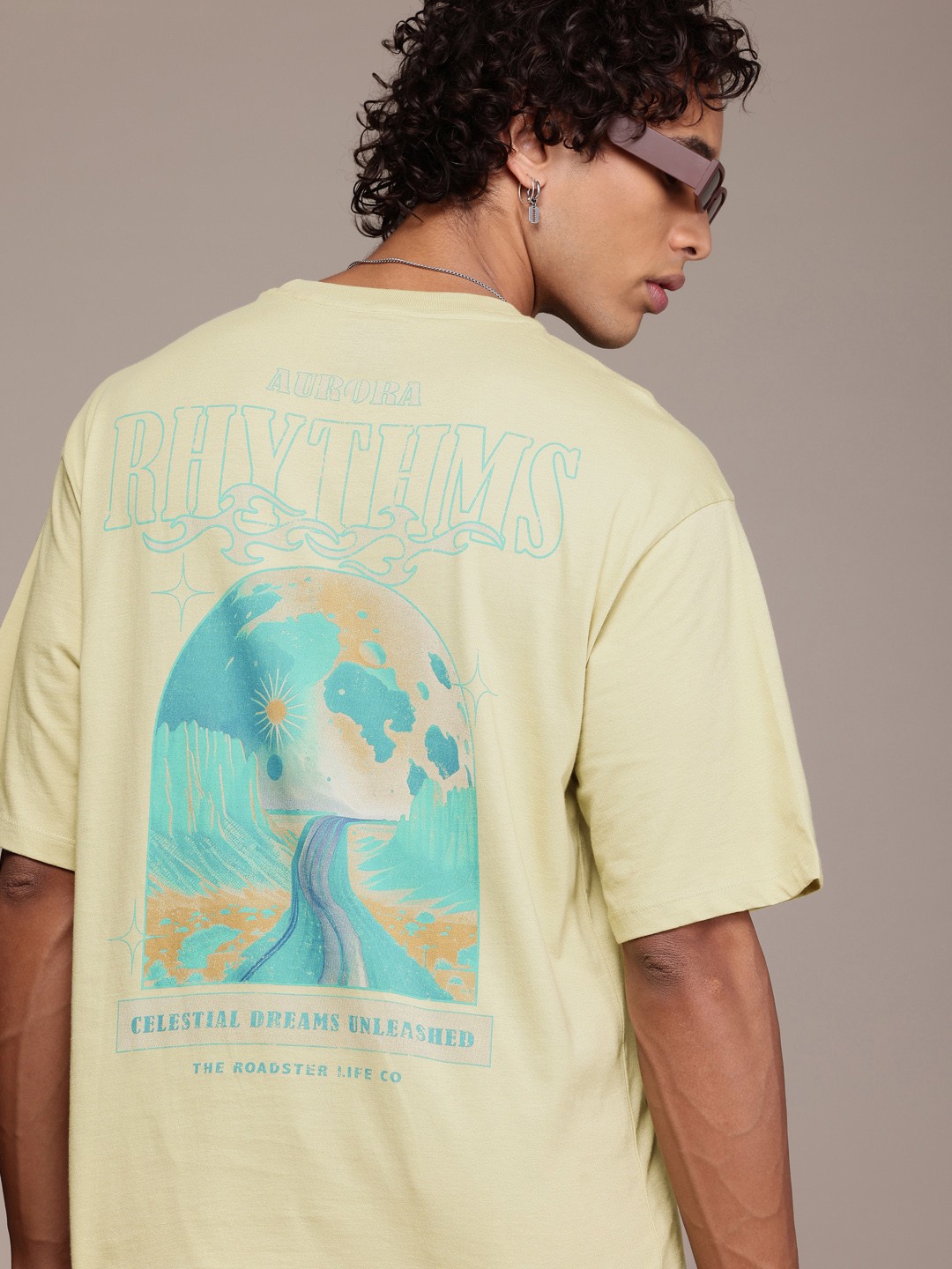 

The Roadster Life Co. Printed Drop-Shoulder Sleeves Relaxed Fit Pure Cotton T-shirt, Beige