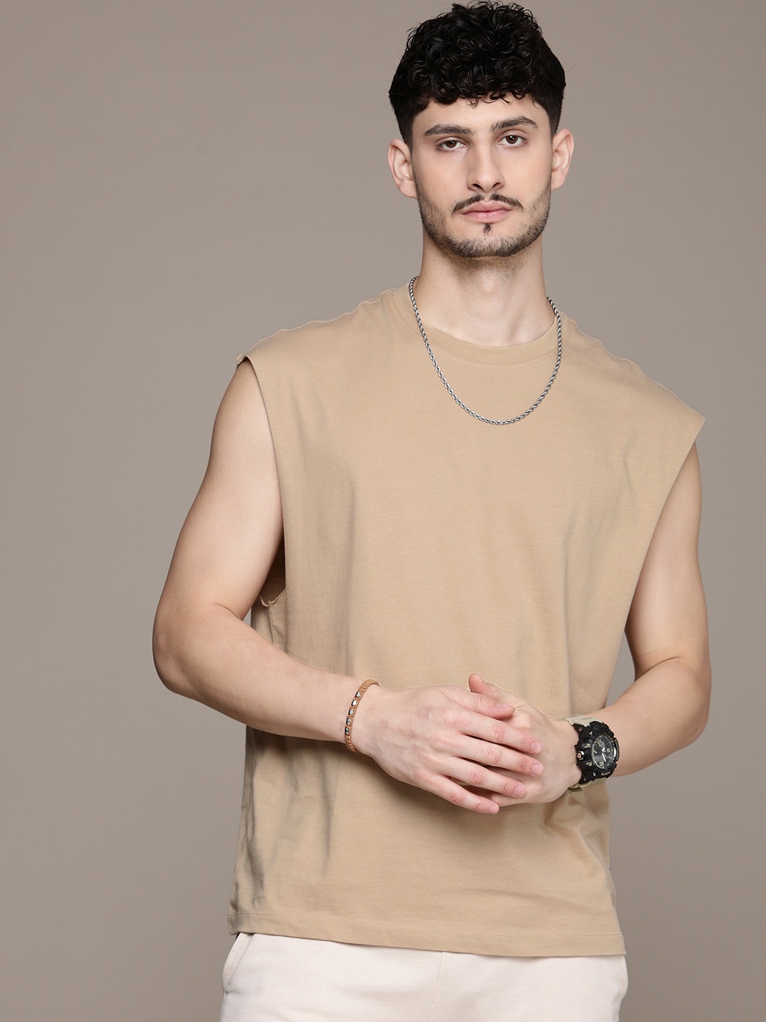 

The Roadster Life Co. Solid Pure Cotton Relaxed T-shirt, Beige