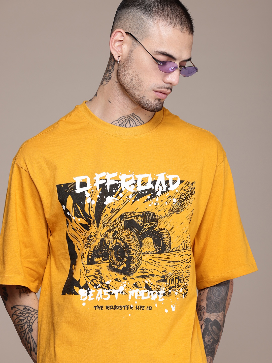 

The Roadster Lifestyle Co. Printed Pure Cotton T-shirt, Mustard