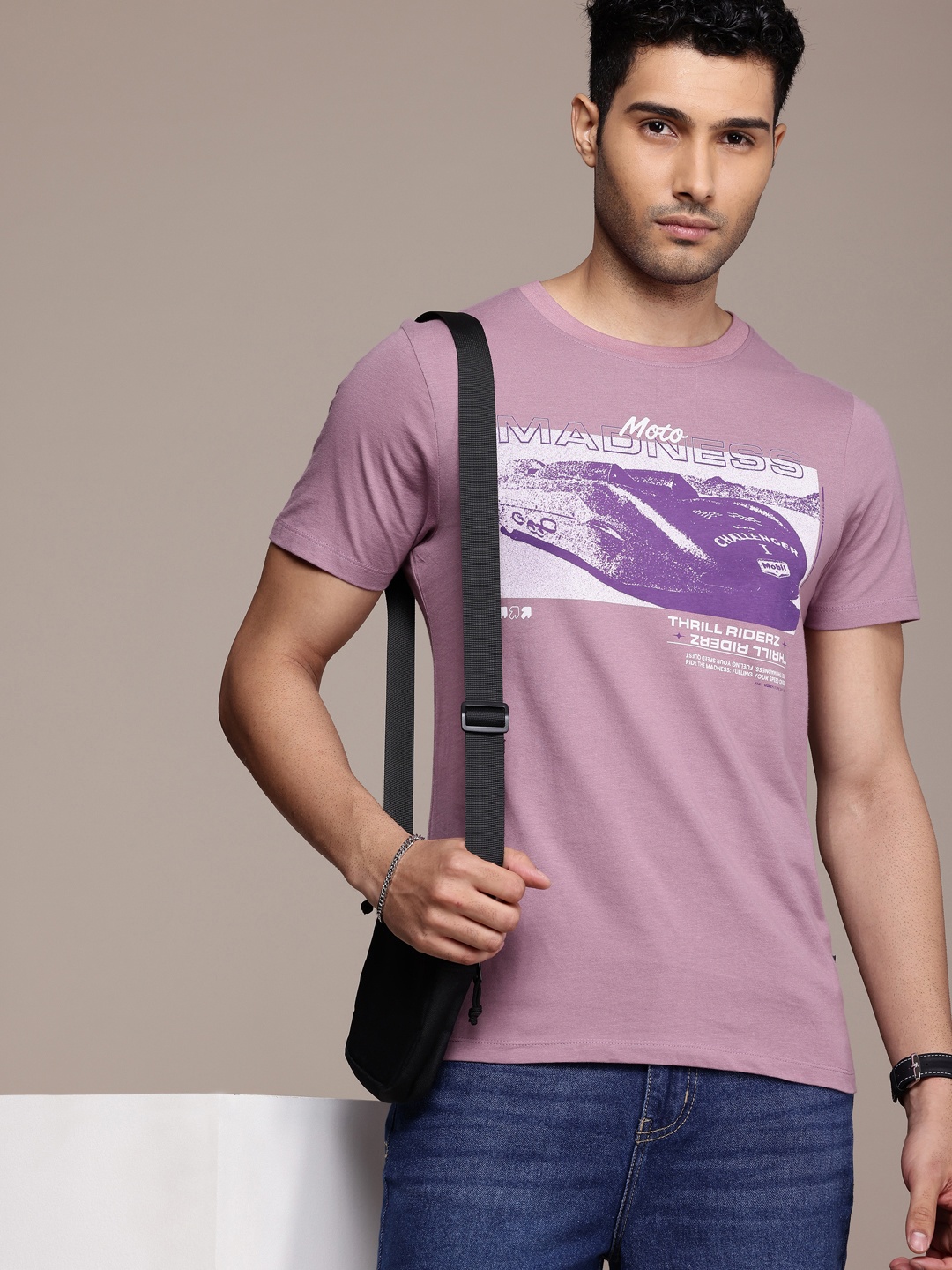 

The Roadster Life Co. Printed Pure Cotton T-shirt, Mauve