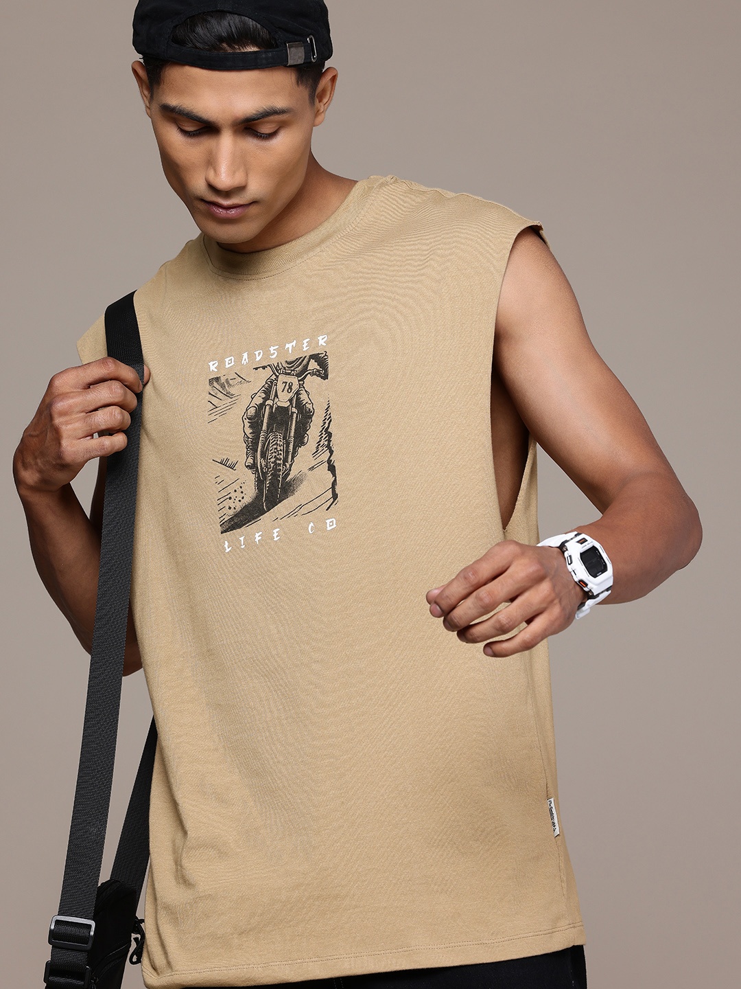 

The Roadster Life Co. Printed Sleeveless Pure Cotton Relaxed Fit T-shirt, Khaki
