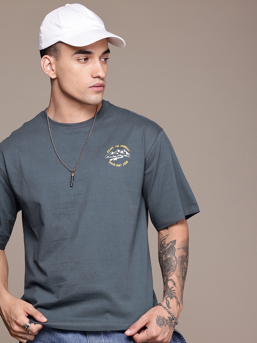 

The Roadster Life Co. Drop-Shoulder Sleeves Pure Cotton Relaxed Fit T-shirt, Grey