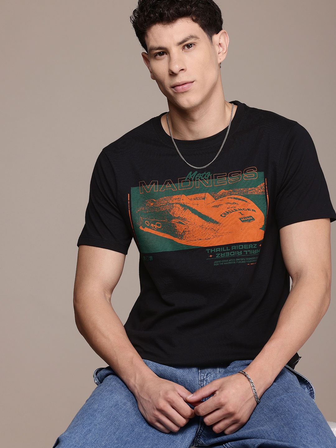 

The Roadster Life Co. Printed Pure Cotton T-shirt, Black