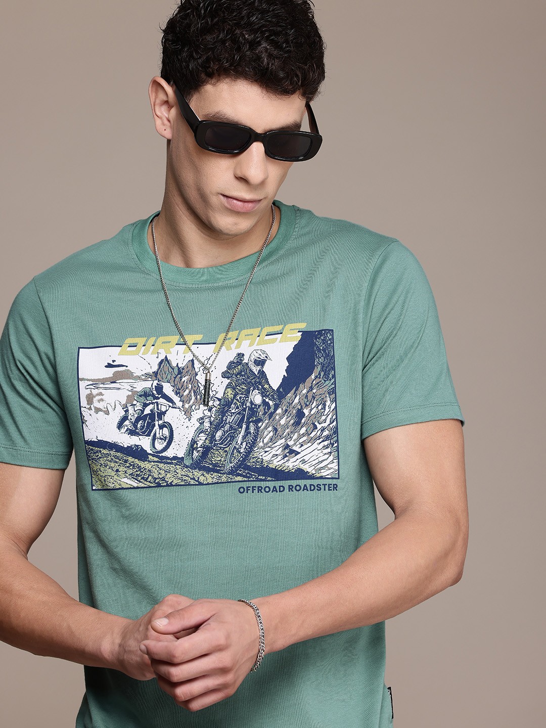 

The Roadster Life Co. Biker Printed Pure Cotton T-shirt, Green