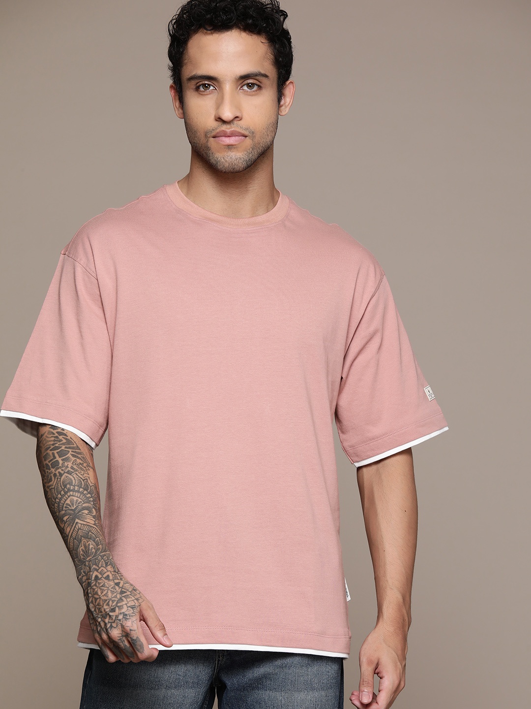 

The Roadster Lifestyle Co. Drop-Shoulder Sleeves Pure Cotton Relaxed T-shirt, Rose