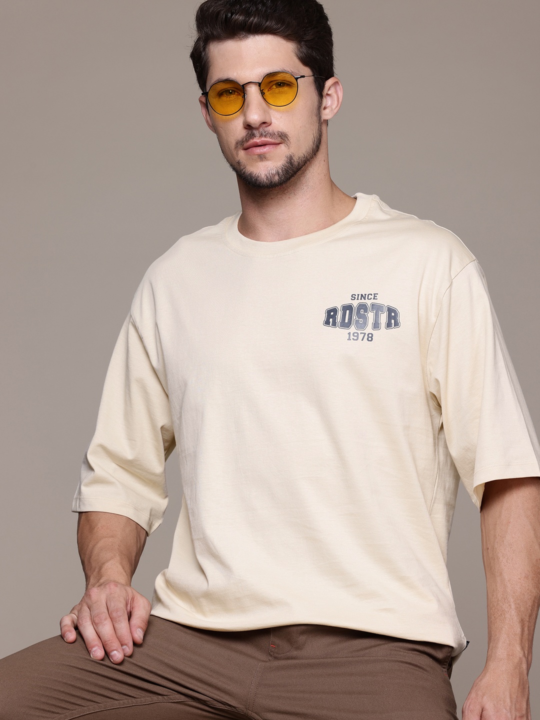 

The Roadster Lifestyle Co. Drop-Shoulder Oversized Pure Cotton T-shirt, Beige