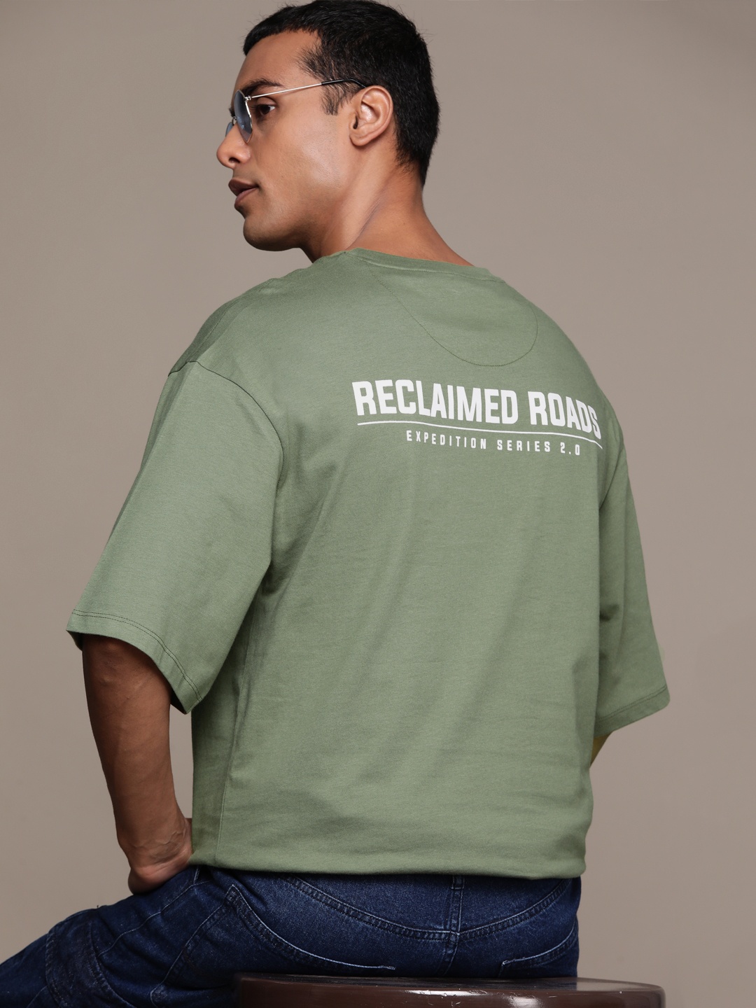 

The Roadster Lifestyle Co. Printed Drop-Shoulder Relaxed Fit Pure Cotton T-shirt, Green