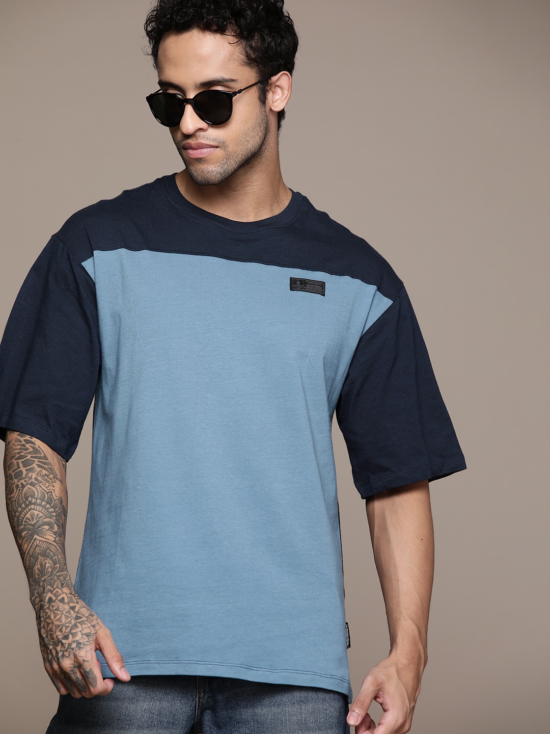 

The Roadster Lifestyle Co. Colourblocked Drop-Shoulder Sleeves Pure Cotton Relaxed T-shirt, Blue