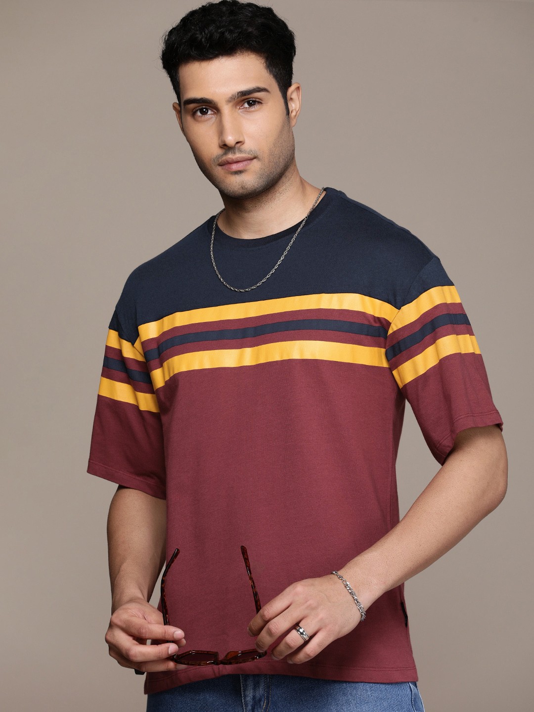 

The Roadster Life Co. Striped Drop-Shoulder Sleeves Relaxed Fit Pure Cotton T-shirt, Rust