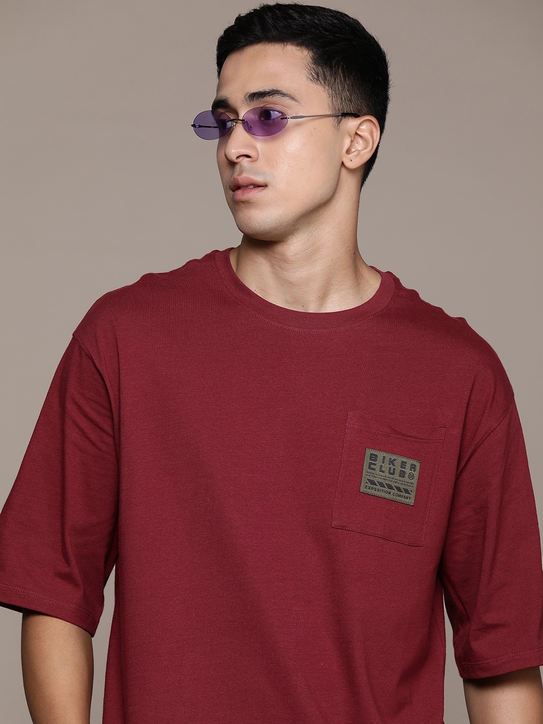 

Roadster The Life Co. Relaxed Pure Cotton T-shirt With Patch Pocket, Maroon