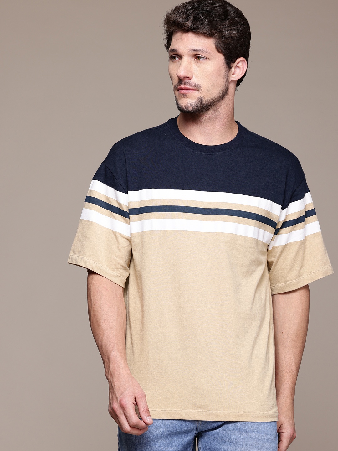

The Roadster Lifestyle Co. Men Striped Pure Cotton Relaxed Fit T-shirt, Beige