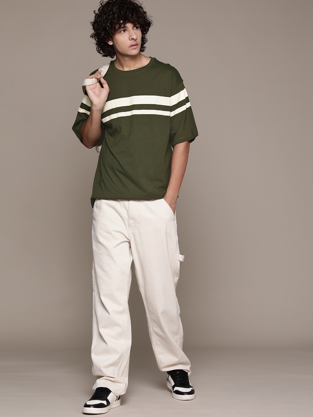 

The Roadster Lifestyle Co. Striped Pure Cotton Relaxed T-shirt, Olive