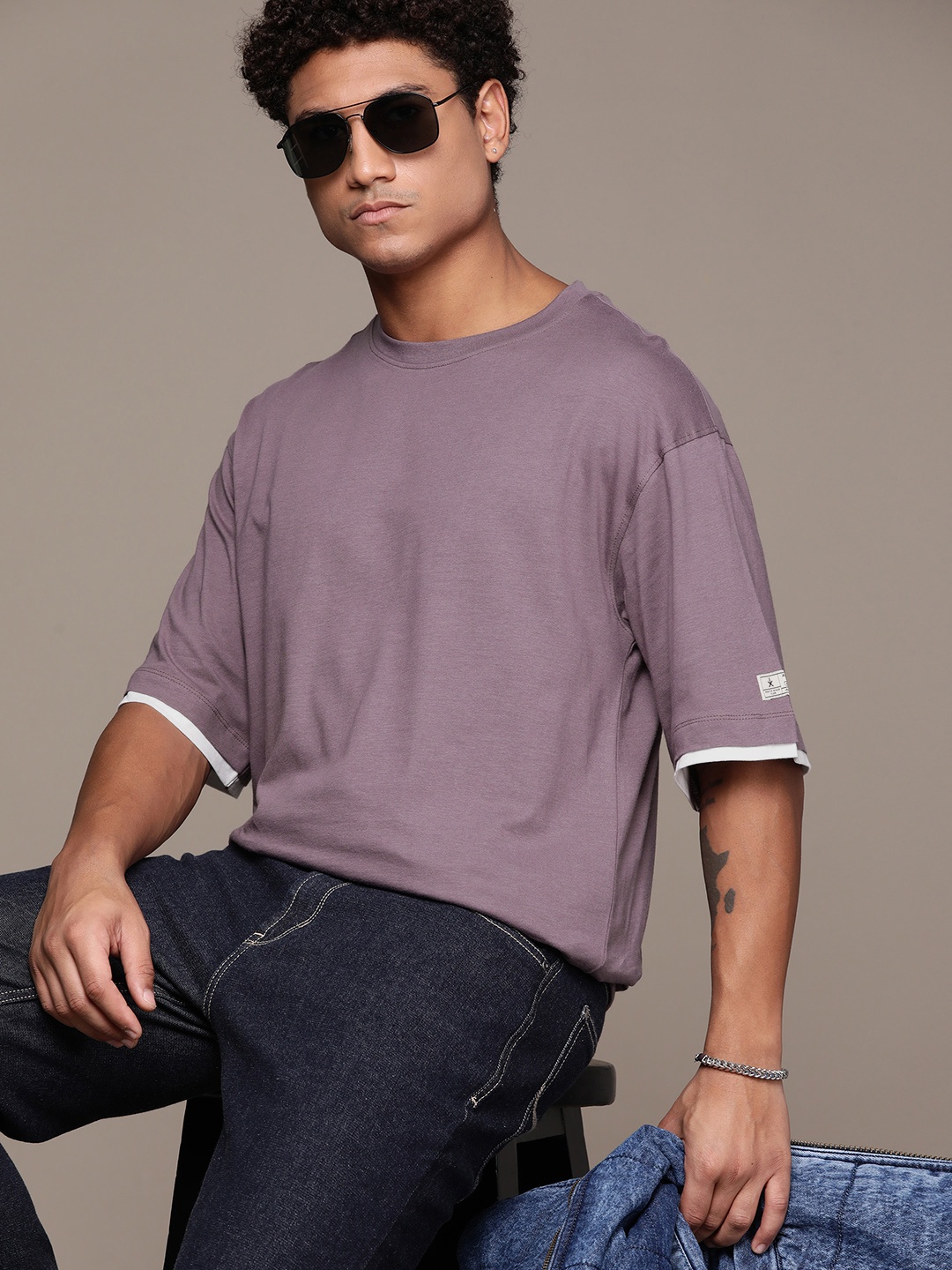 

The Roadster Lifestyle Co. Relaxed Fit Drop-Shoulder Pure Cotton T-shirt, Purple