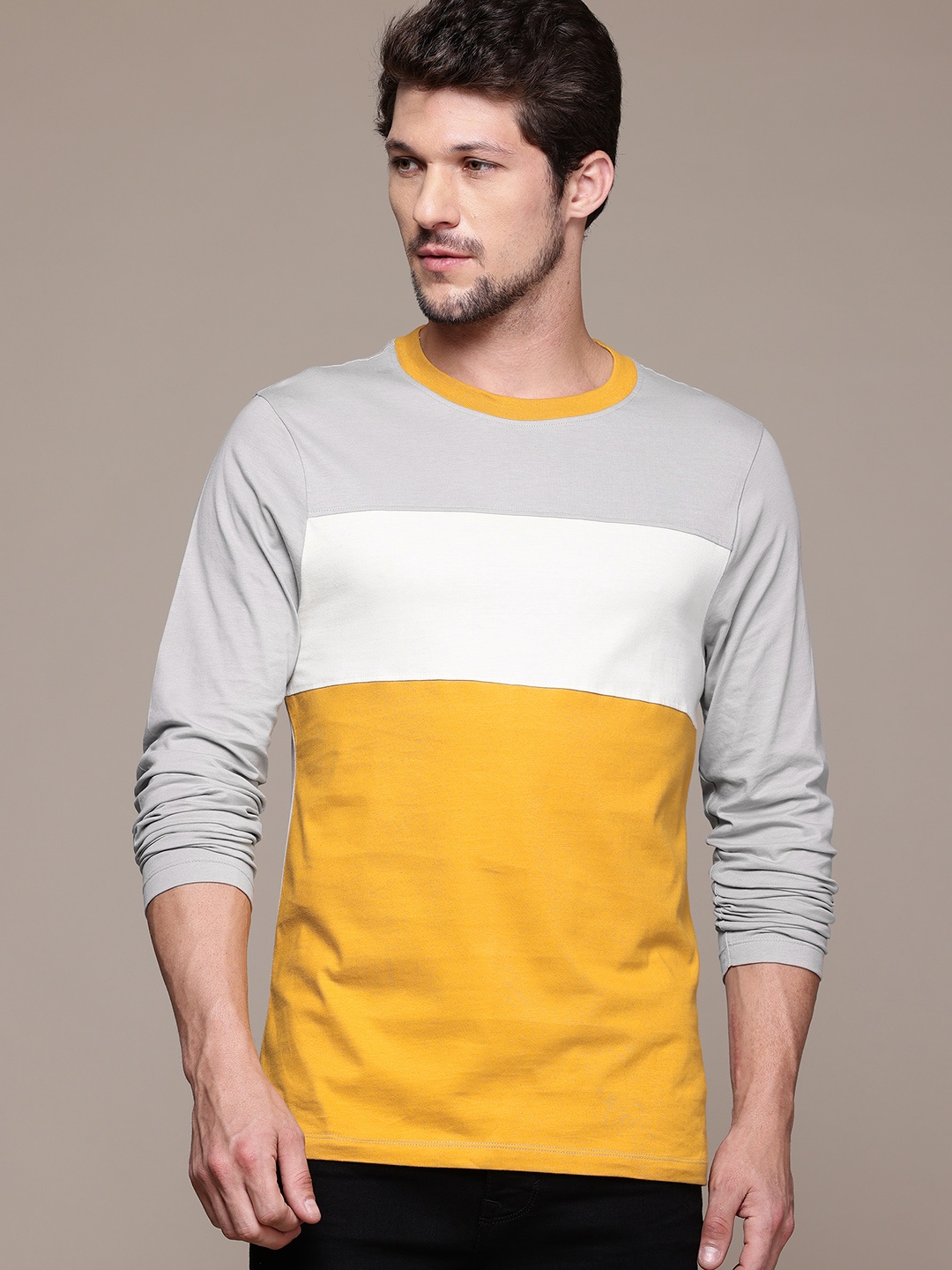 

The Roadster Lifestyle Co. Men Colourblocked Pure Cotton T-shirt, Mustard