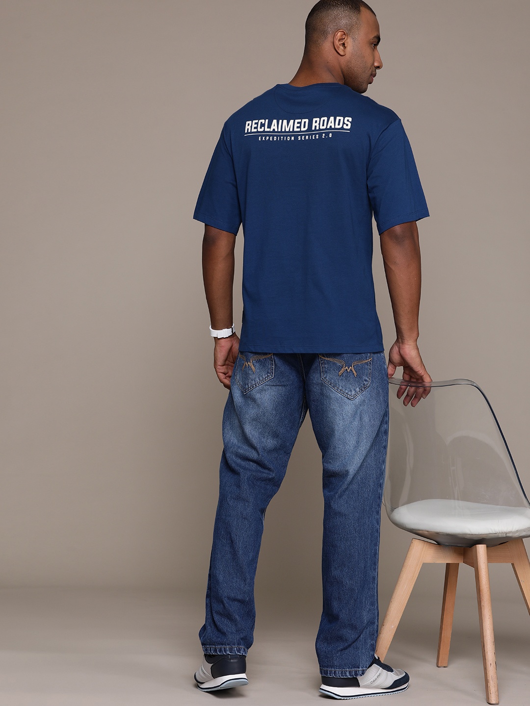 

The Roadster Lifestyle Co. Printed Pure Cotton Relaxed Fit T-shirt, Navy blue